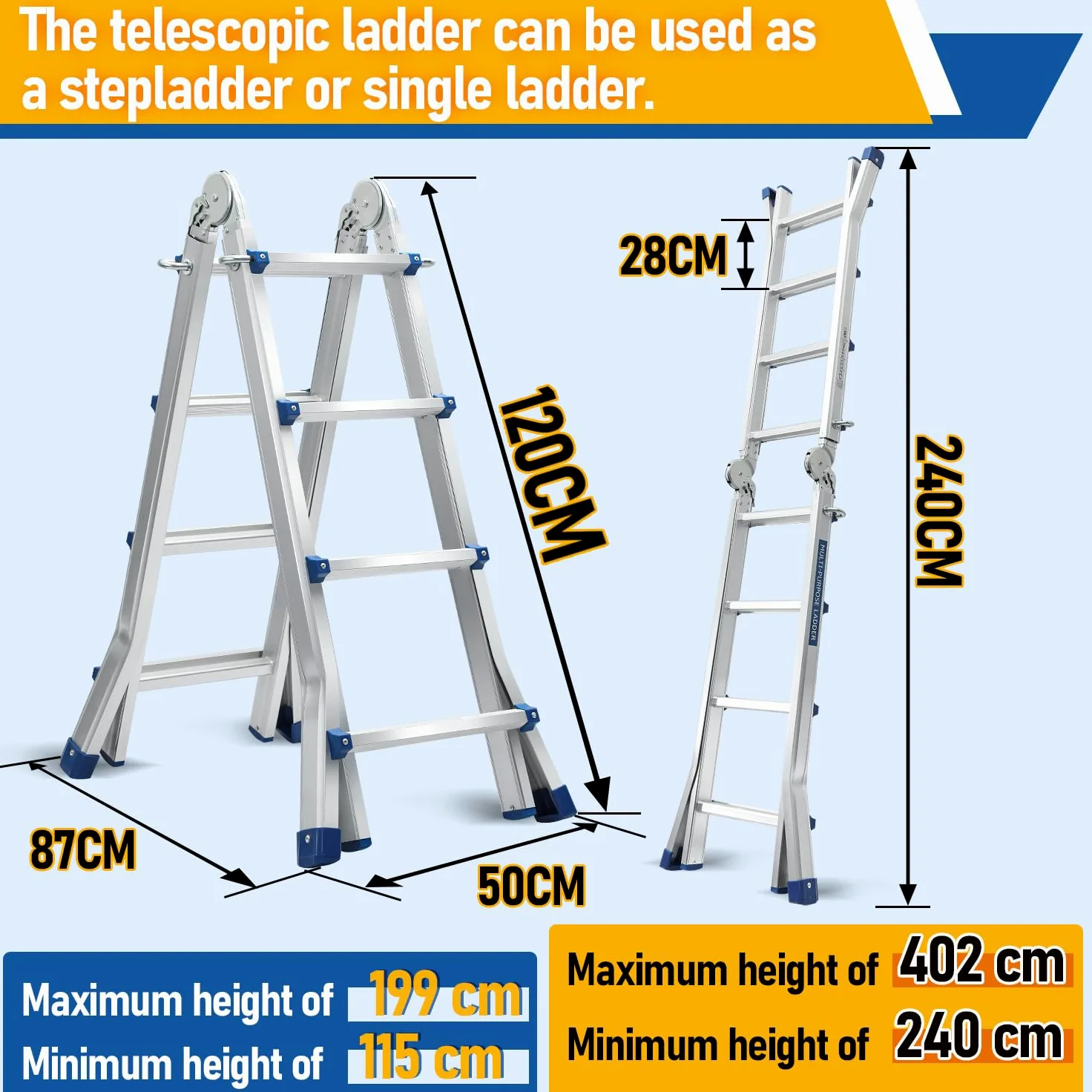 Fiqops Scala telescopica 4 m x 4 gradini, in alluminio, antiscivolo, portata 150 kg/330 LB, scala in alluminio allungabile