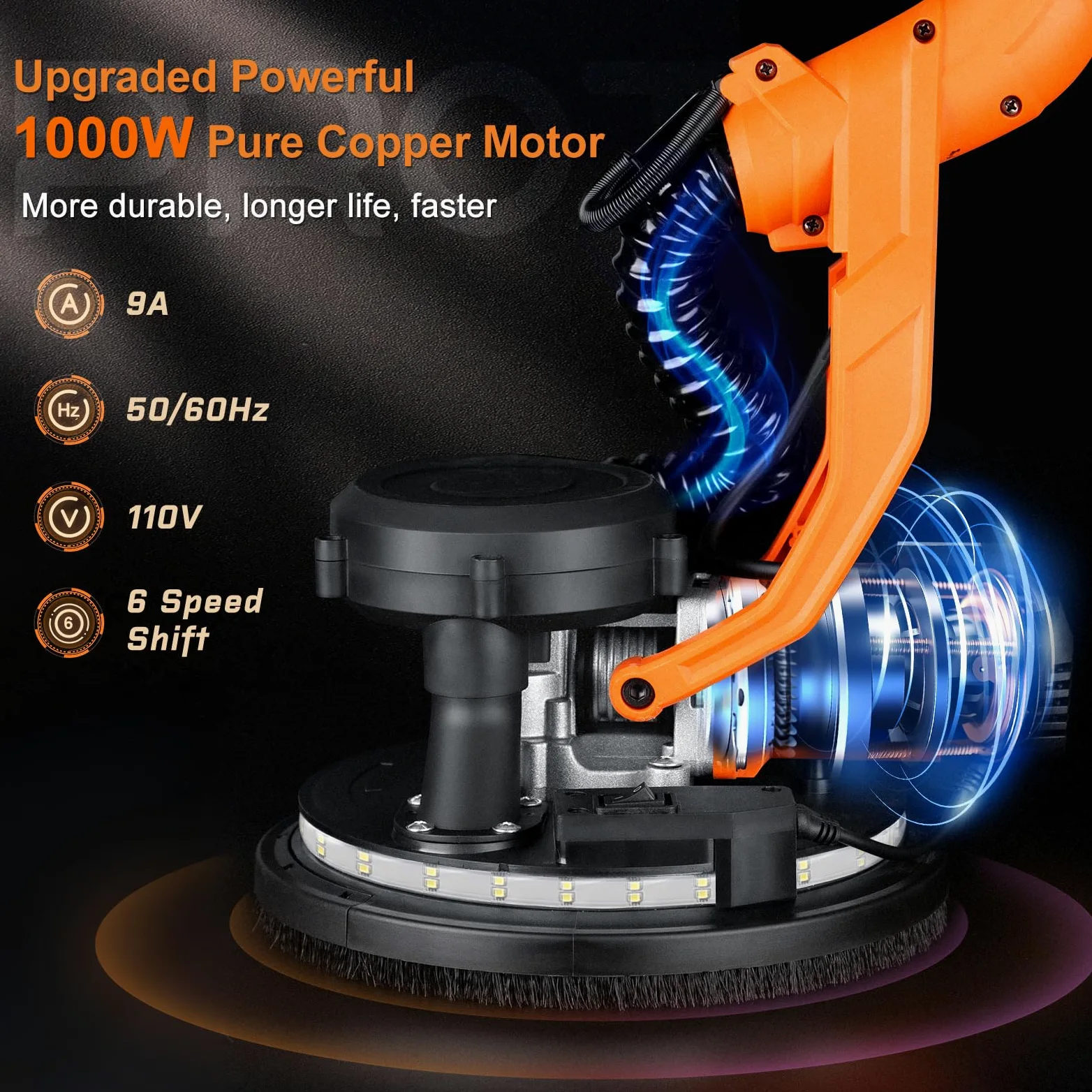 Protmex Giraffa Levigatrice, 1000W Levigatrice per Muro con Aspiratore e Luce LED 6 Velocità 800-2200RPM, Dischi di Levigatura 15pcs, Pieghevole Estensibile per Muri