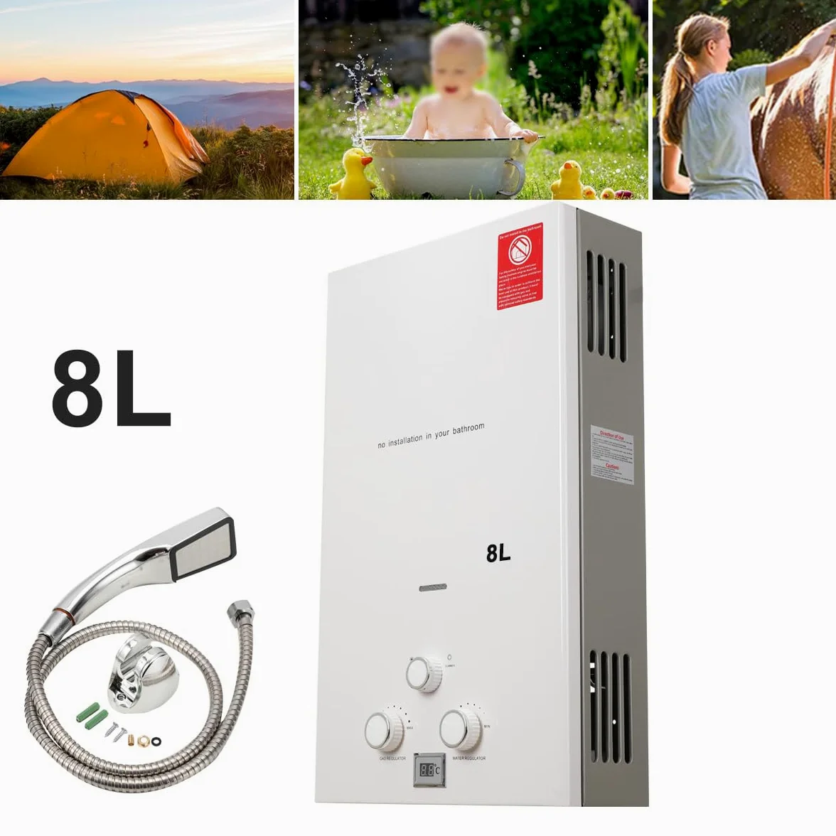 8L 16KW GPL Scaldabagno a Gas, Gas a Parete senza serbatoio Scaldabagno istantaneo,con kit doccia e Display a LED,con Modalità Inverno ed Estate,Per Casa, Camper ed Esterni,bianco