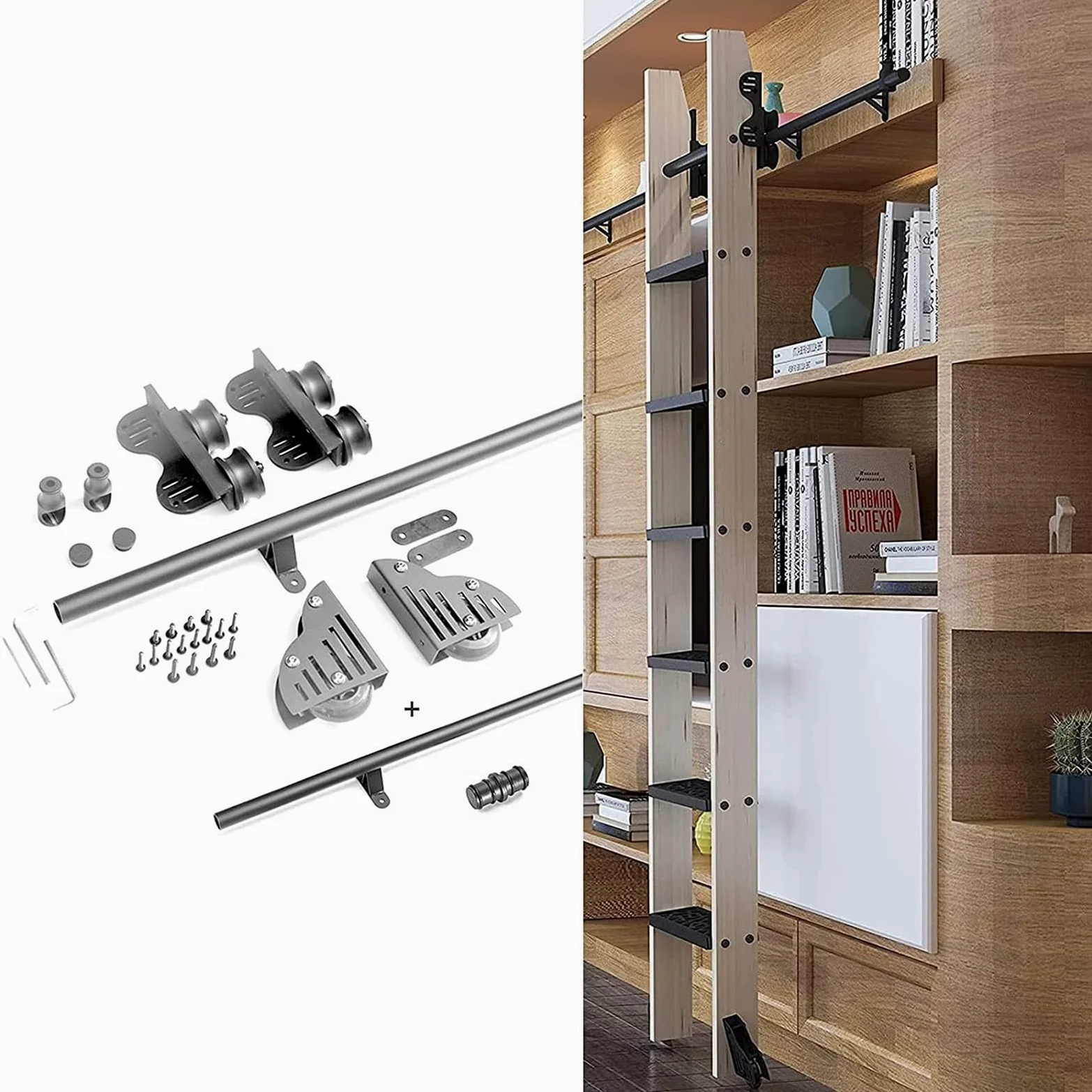 Kit Hardware per Scala Scorrevole, Scala Scorrevole Retrattile Binario di Estensione per libreria Hardware/Binario Tondo per Interni/Loft - Kit di Accessori per Biblioteca