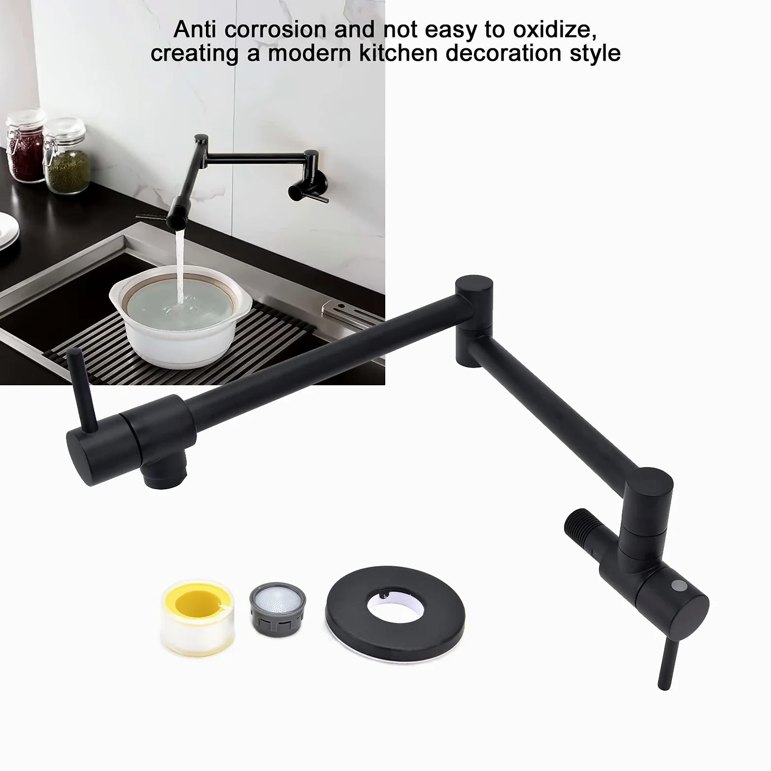 Rubinetto per riempimento pentole Nero, Rubinetto per fornelli da cucina con montaggio a parete, Rubinetto per lavello commerciale in ottone, Braccio pieghevole oscillante, Foro singolo estensibile a