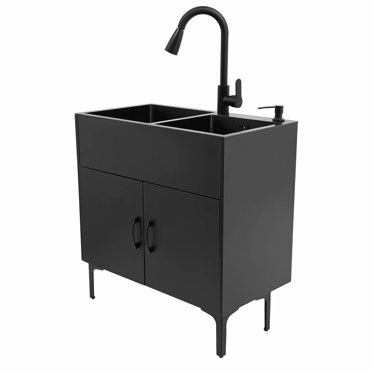 Lavello da cucina autoportante in acciaio inox con 2 vasche da 75 x 41 cm, lavello nero con rubinetto estraibile e mobiletto inferiore, per cucina domestica, giardino, esterni, lavanderia