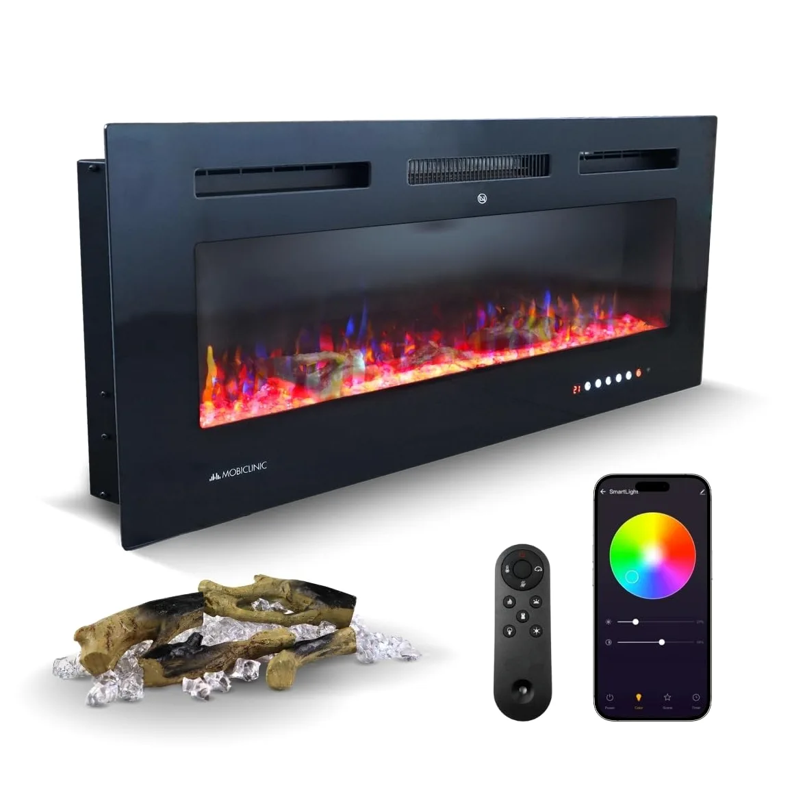 Mobiclinic®, Camino elettrico da parete, 900/1800w, Telecomando e funzione wifi app, Protezione contro il surriscaldamento, 15 colori variabili, Timer, Fury, Per ambienti a partire 25 m2