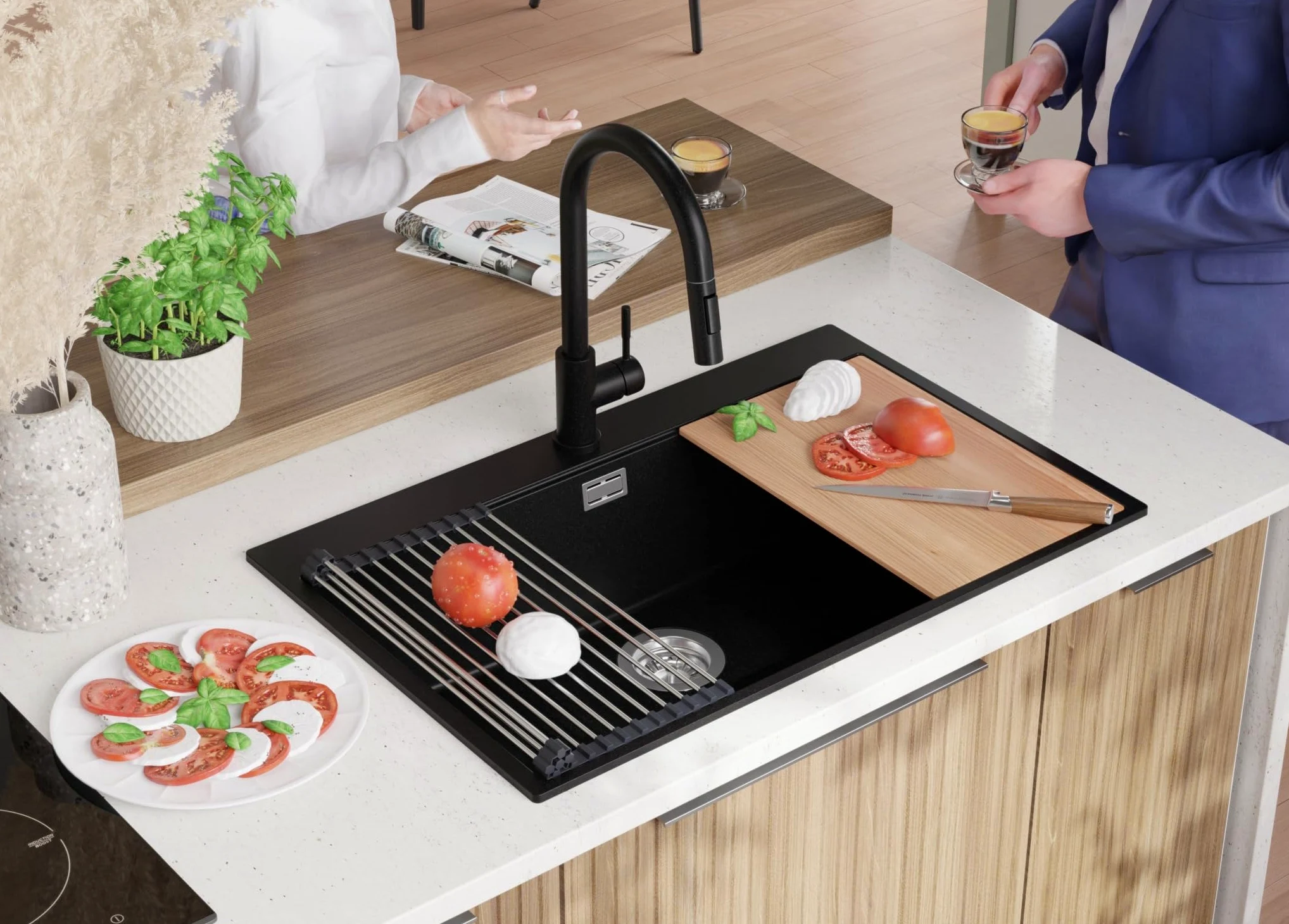 PRIMAGRAN Lavello da Cucina Nero 78x50cm, Lavandino in Granito a 1 vasca + Set di accessori, Lavabo da Cucina Incasso al Mobile 80cm - Oslo Top S557