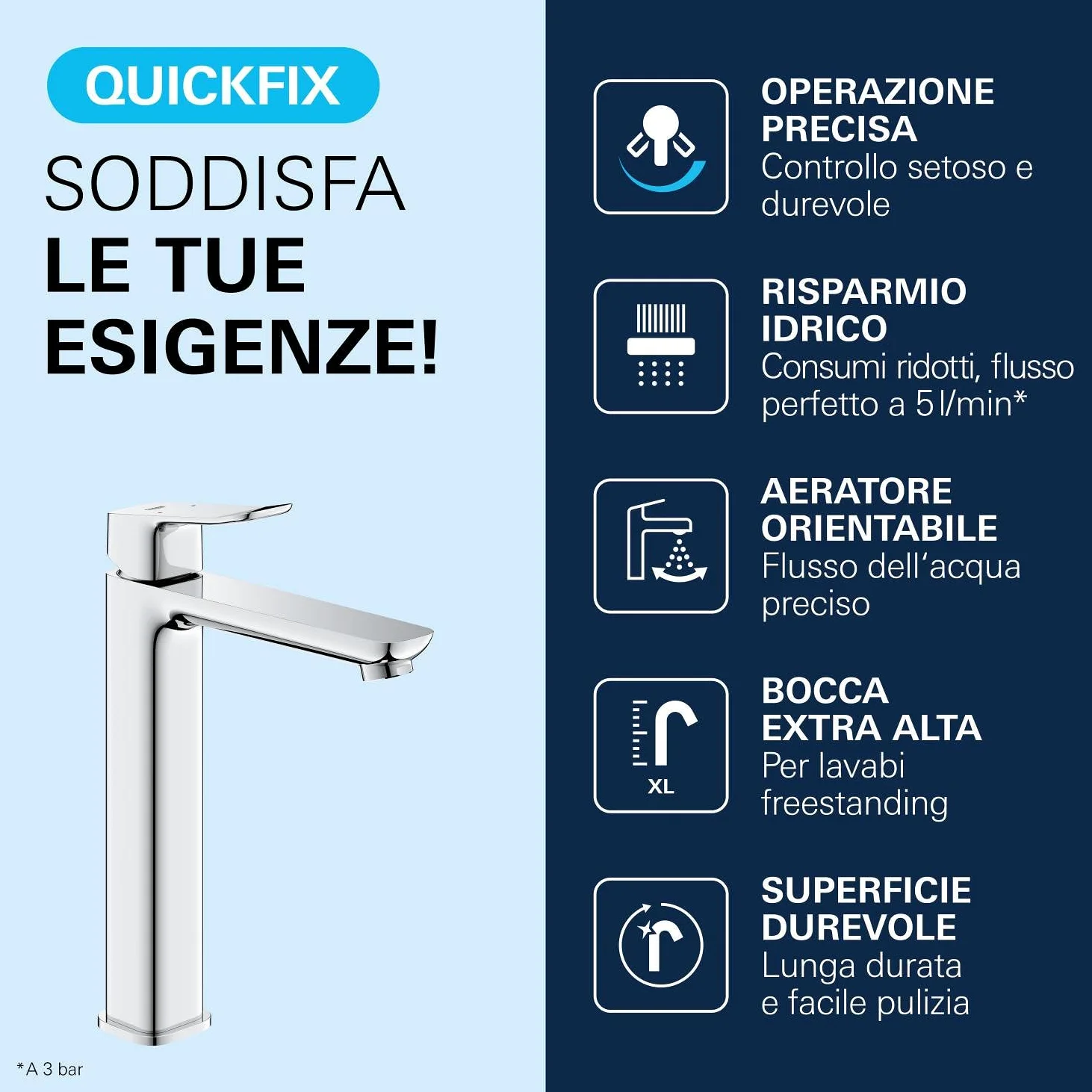 GROHE Dice Rubinetto miscelatore a corpo liscio per lavabo da appoggio (XL-Size 270 mm, cartuccia ceramica 28 mm, risparmio idrico, facile da installare), cromo, 1018920000