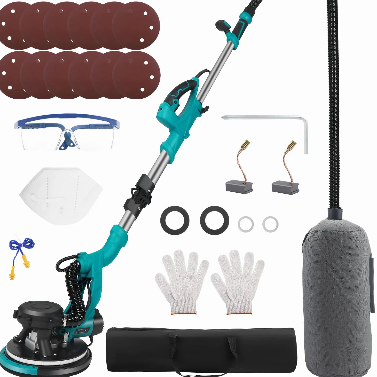 levigatrice per muro 850W telescopic giraffa levigatrice 800–2100 giri/min 5 velocità regolabili Testa di rettifica Ø 215mm e inclinabile di 90° levigatrices muro con luce LED