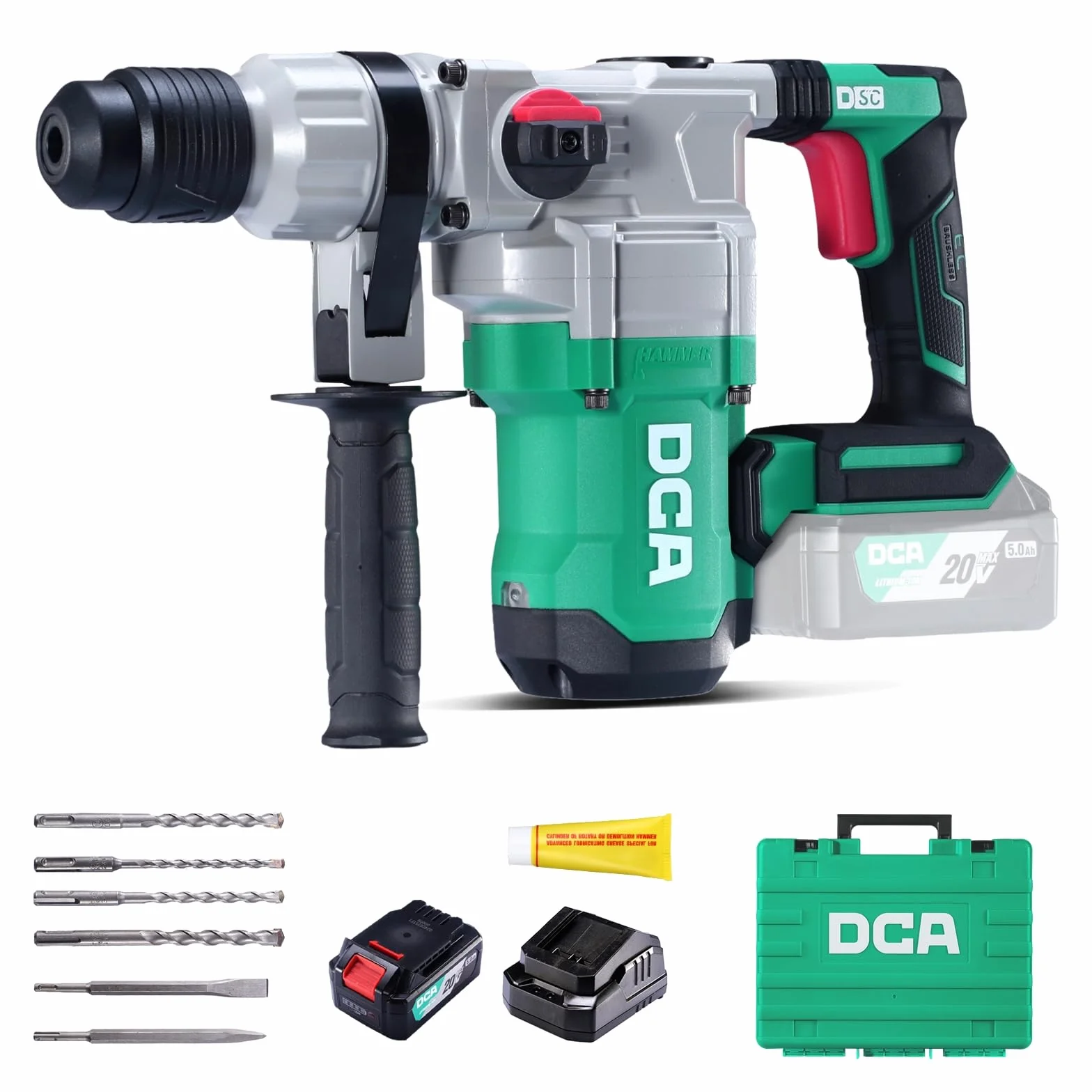 DCA Martello Perforatore a batteria 20V, 4,5 J e 3800 BPM, 4 pezzi da 28 mm SDS-Plus, trapano a Percussione ad alte prestazioni con controllo delle vibrazioni, batteria da 5,0 Ah, caricatore 4A