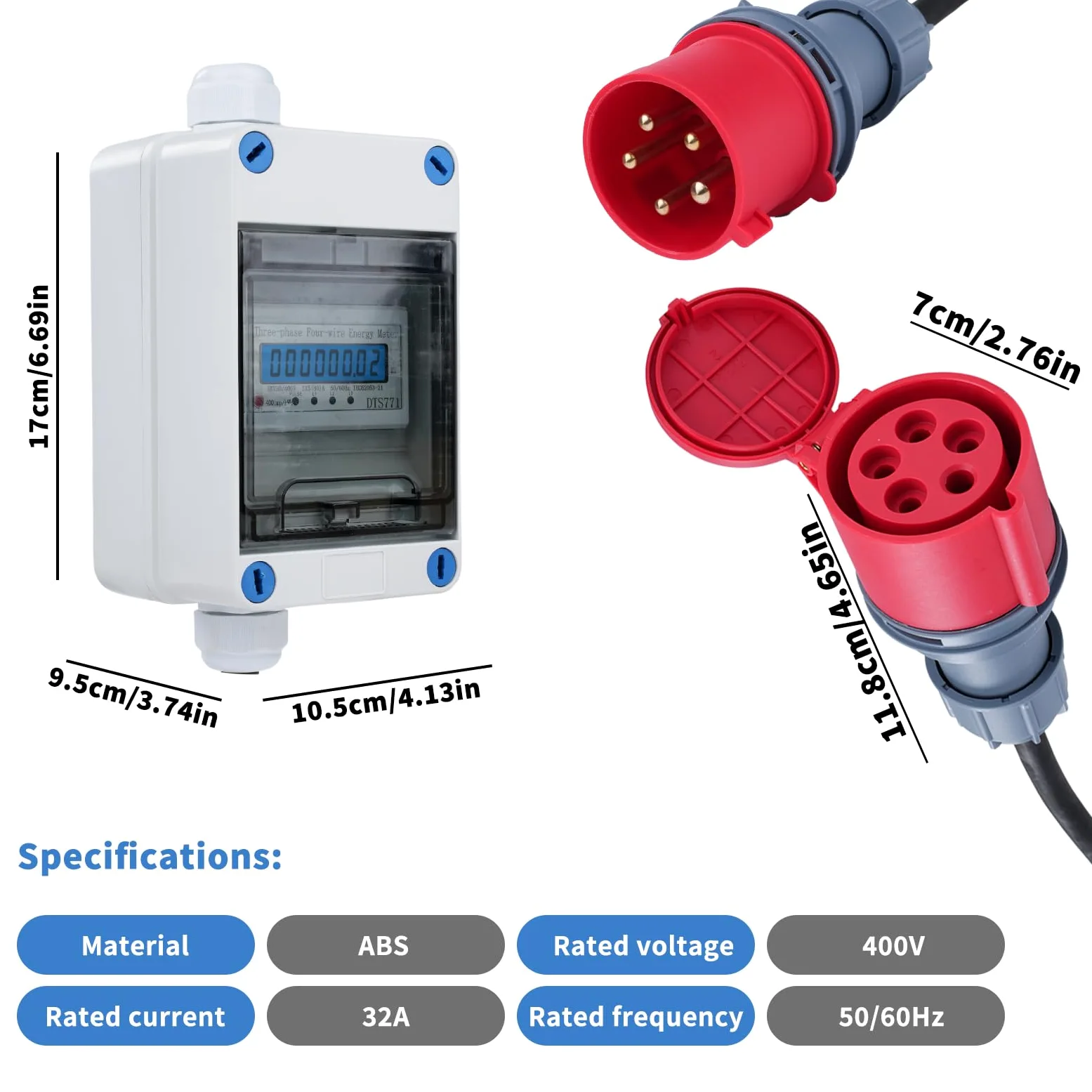 Trifase Mobile Digital Electricity Meter 32A 380V Mobile Meter CEE Plug 3 Fase Mobile Digital Meter 5 * 2.5mm² con Reset 2m cavo IP44 Socket Adapter Meter (H07RN-F HR-03X)
