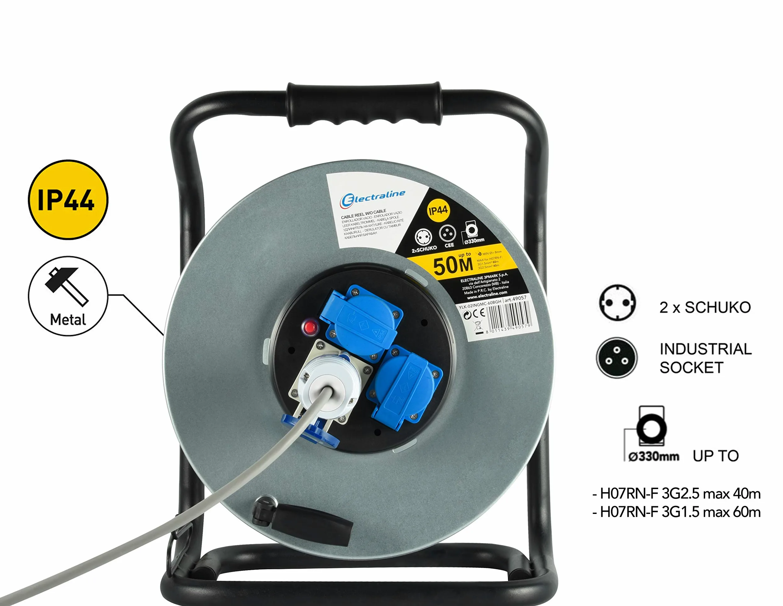 Electraline 49057 Avvolgicavo, Avvolgi-Prolunghe senza cavo in metallo antiruggine per uso Professionale, Con 2 prese Schuko + 1 industriale IEC. Maniglia eronomica + Pomello rotante