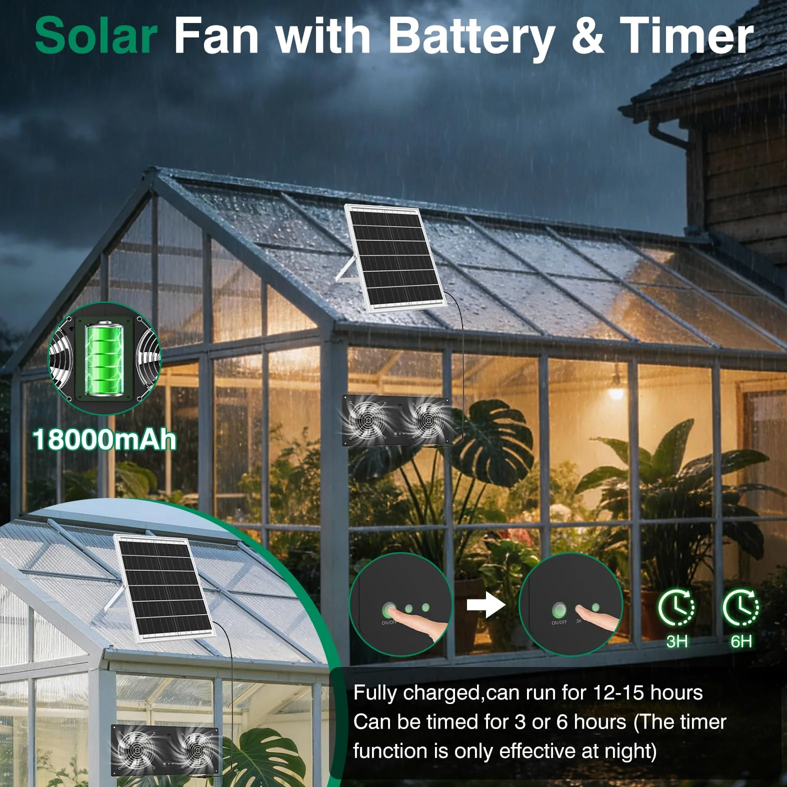 Ventilatore ad energia solare con batteria da 18000 mAh e timer, ventola di scarico solare ad alta velocità da 40 W, 3500 giri/min, ventilazione impermeabile a basso rumore per pollaio, serra