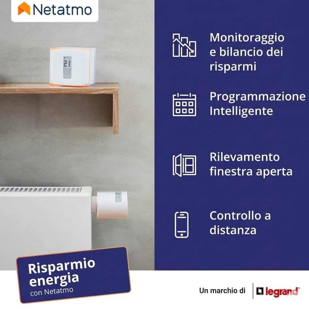 Netatmo Termostato Wifi Intelligente - Controlla il Riscaldamento da Remoto tramite App - Per caldaia individuale, NTH01-AMZ