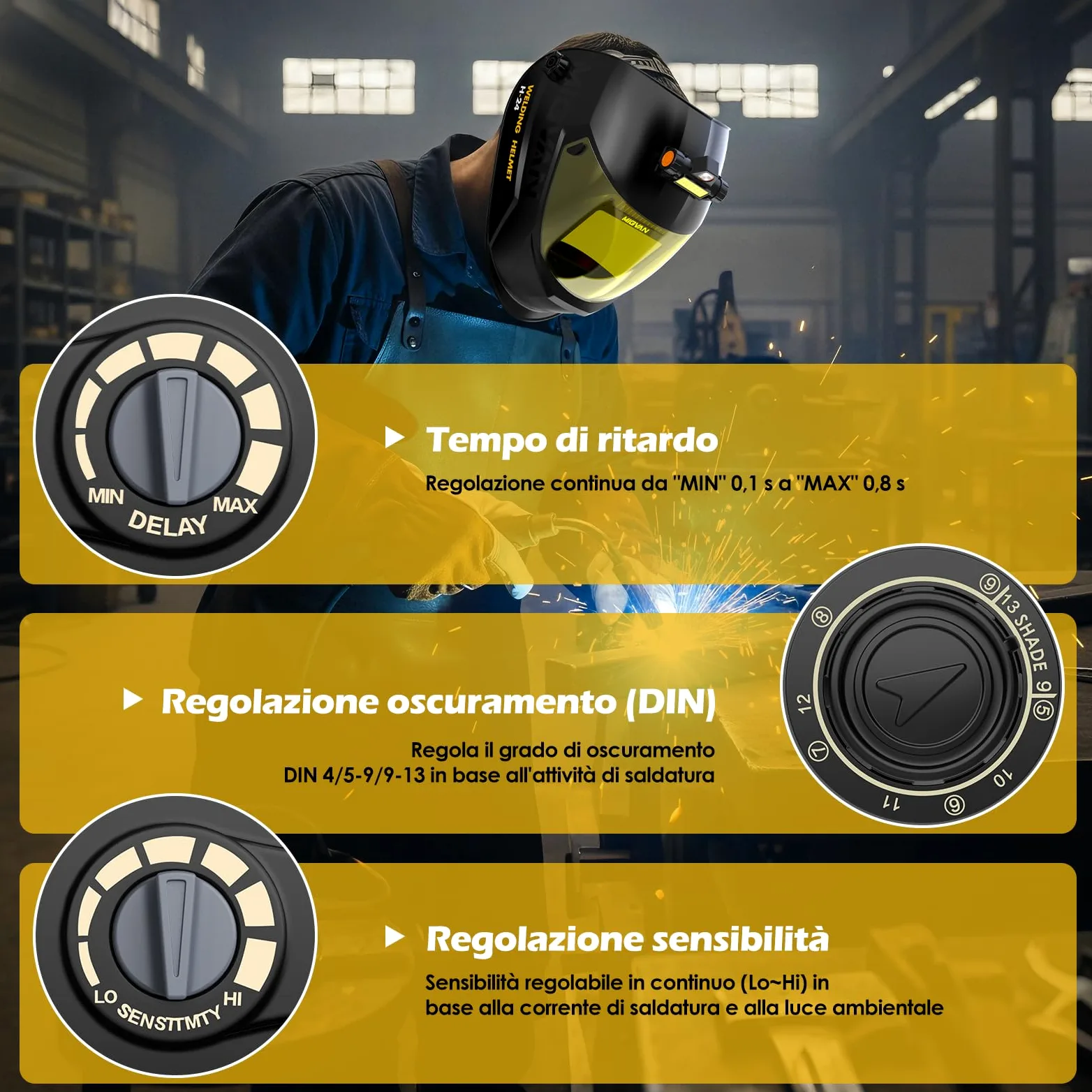 Maschera Saldatura Autoscurante con Luce LED Casco Saldatura Ultra-HD True-Color 100x82mm XL - Casco Saldatore 0,1ms Solare per MIG TIG MMA & Smerigliatura DIN 4/5-9/9-13 H24