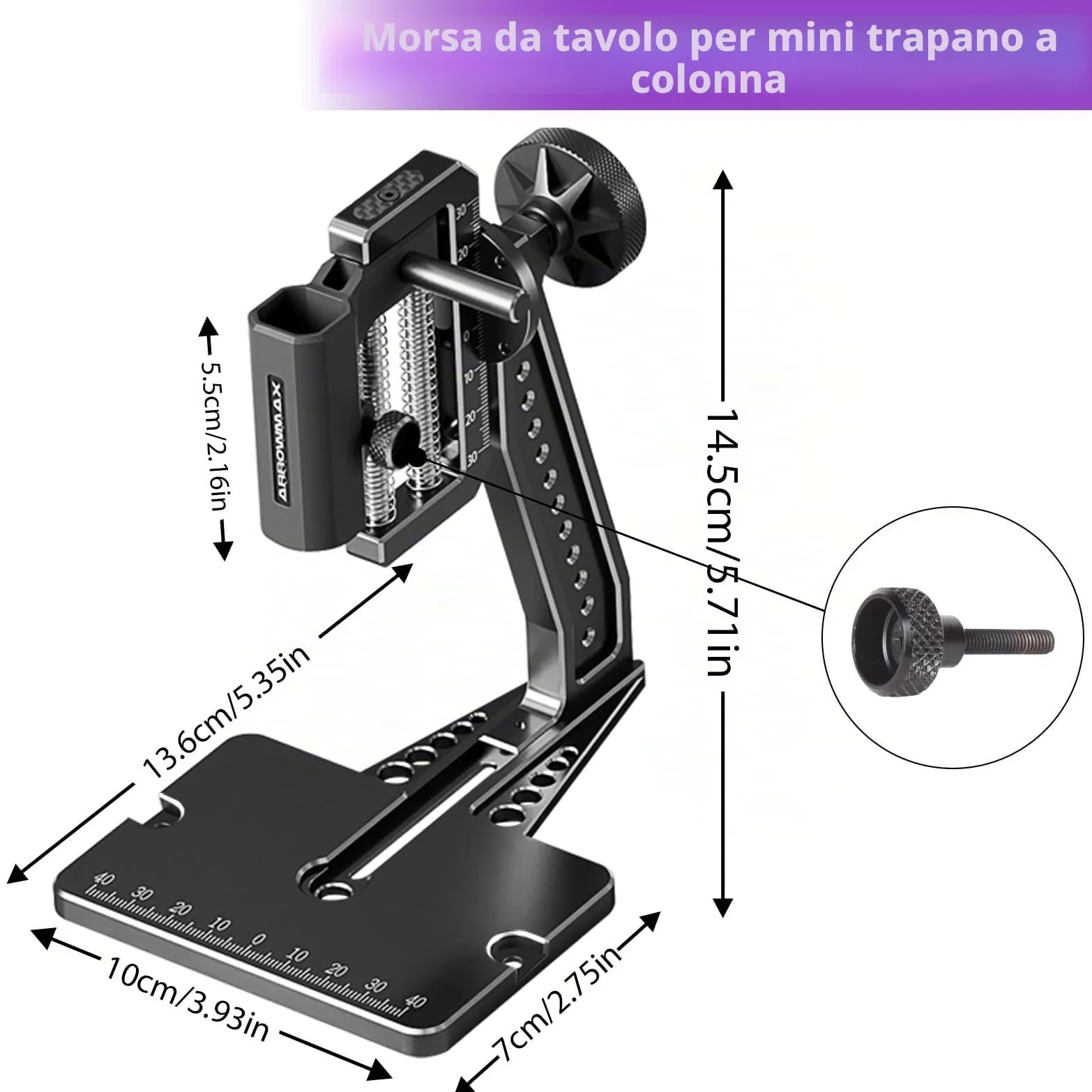 Mini trapano elettrico a 5 velocità con pressa da banco Hedgehog, 10 punte piccole ARROWMAX con scatola in alluminio, display OLED, luci LED, mandrino autoserrante da 3/32 pollici (SDS ULTRA PLUS)