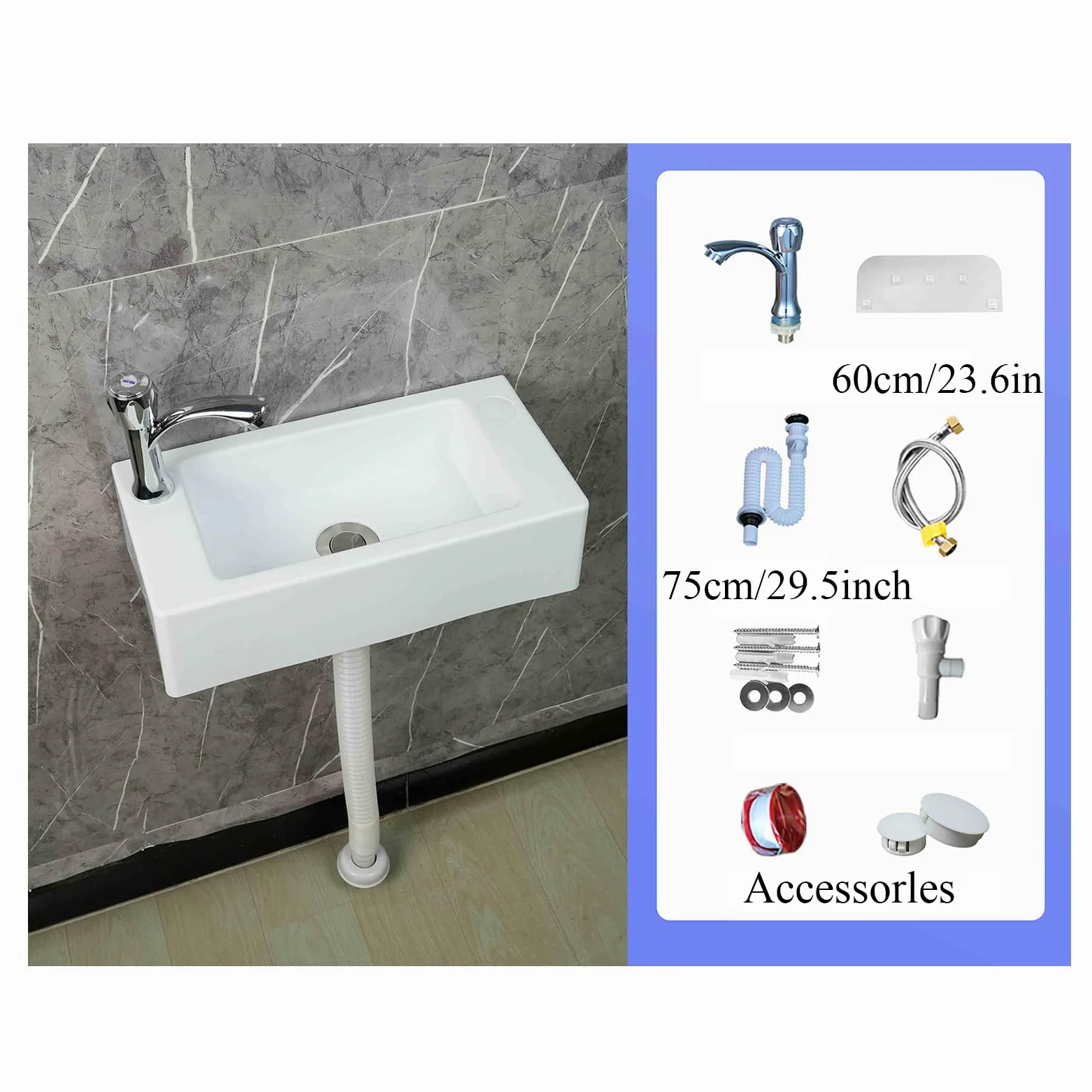 Piccolo lavabo in plastica per montaggio a parete per roulotte, camper, WC ospiti, bagno, 40 x 20 x 11 cm, bianco, ideale per campeggio, giardino, cantieri, con scarichi da 75 cm