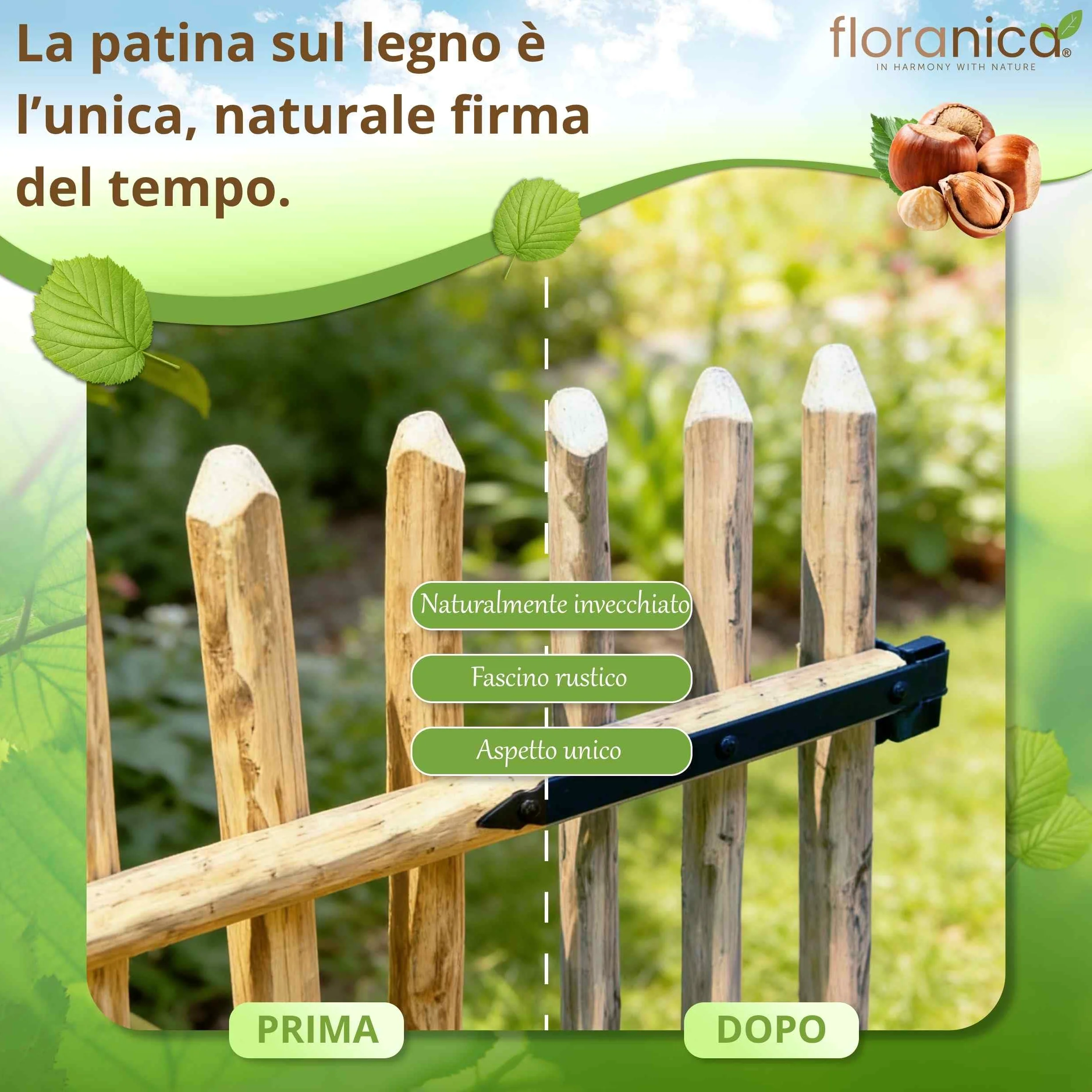Floranica Cancello da giardino in legno di nocciolo per recinzione a paletti Altezza 115 cm x 100 cm 1 anta – pronto al montaggio incl. cerniere