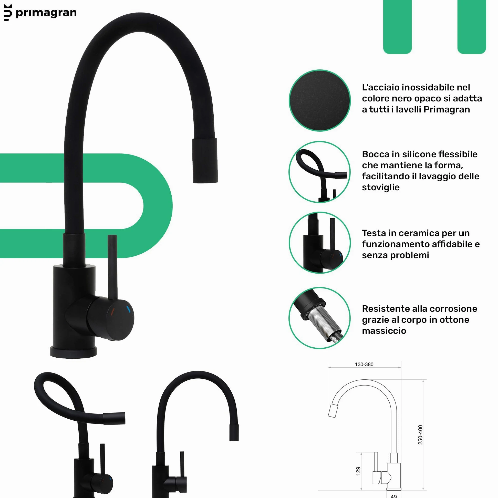 PRIMAGRAN Lavandino da Cucina Nero 90x50cm, Lavello in Granito a 1,5 vasche + Rubinetto 40x38cm + Set di accessori, Lavabo da Cucina Incasso al Mobile 60cm - Copenhagen Duo S027