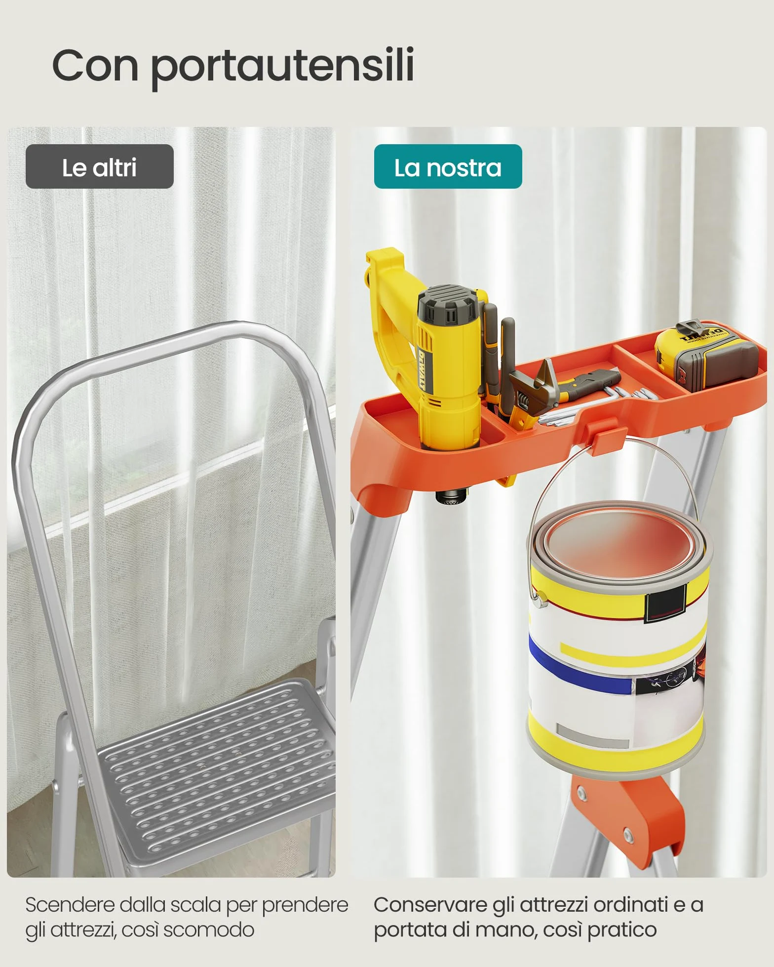 SONGMICS Scaletta a 6 Gradini, Scala Pieghevole in Lega di Alluminio, Gradini Larghi 12 cm, con Portautensili e Piedini Antiscivolo, Max. Portata Statica 150 kg, Nero e Arancione GLT06BK
