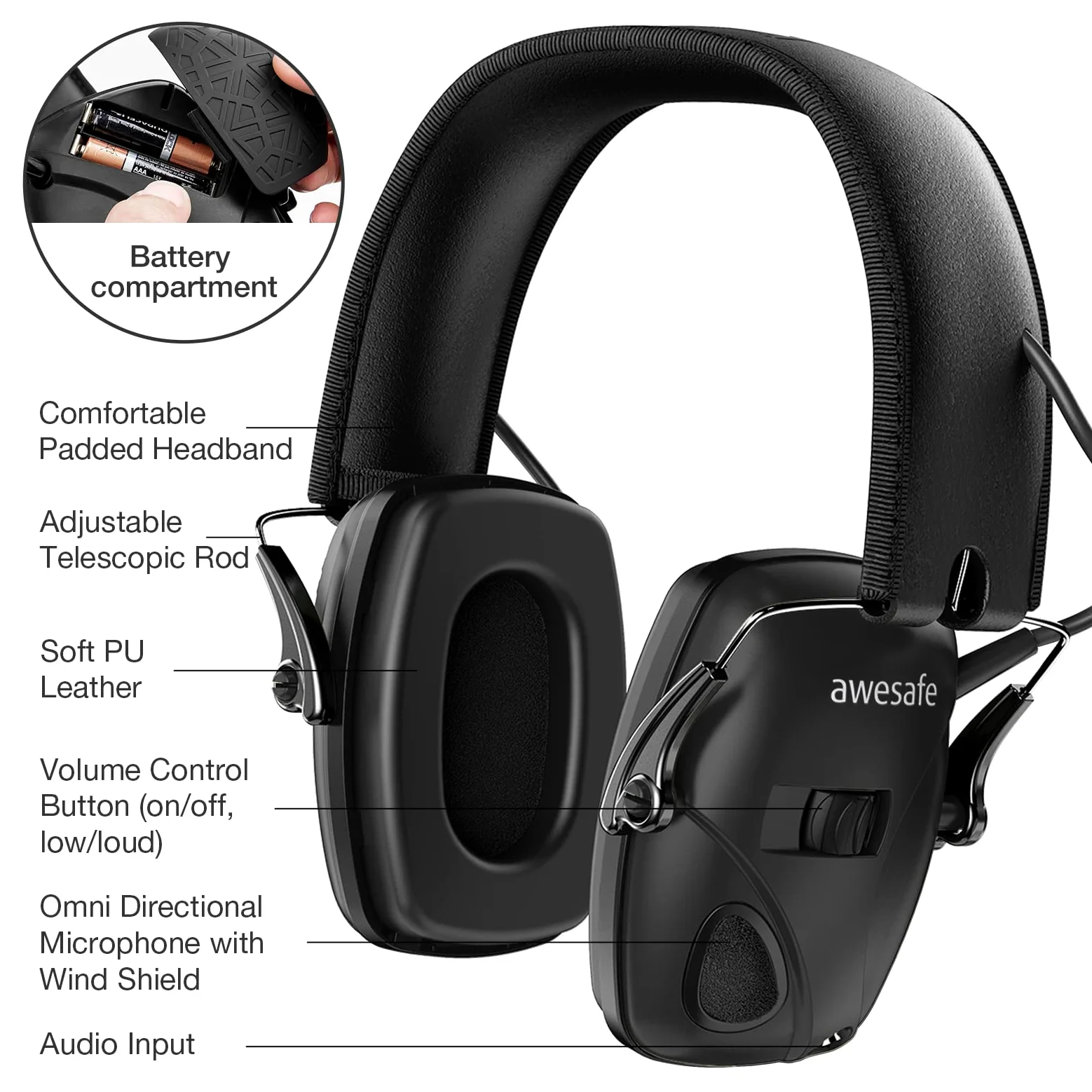 awesafe Cuffie Poligono Tiro Elettroniche Ancuffie Antirumore, Fascia Morbida Regolabile, Amplificazione Del Suono per La Caccia