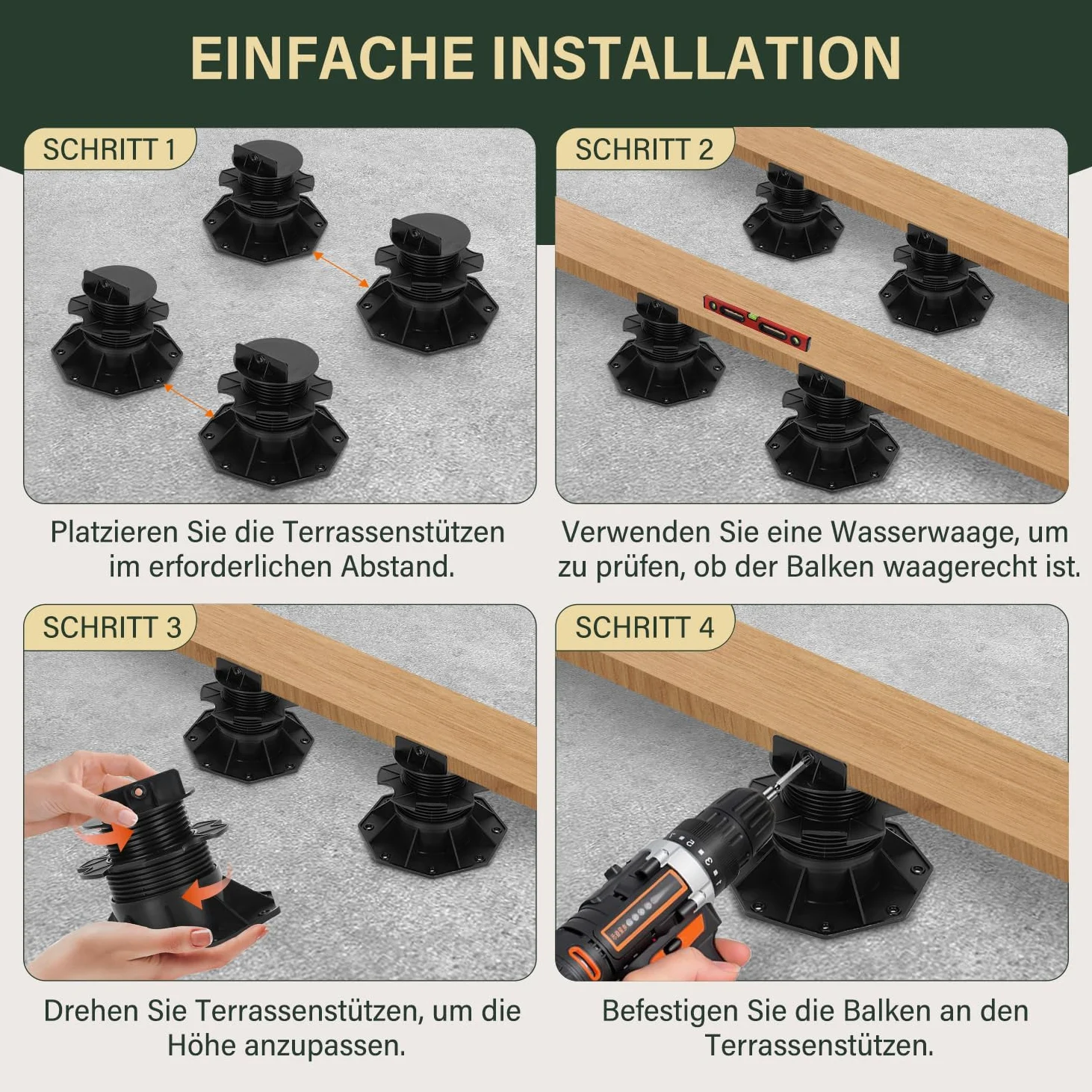 Herrselsam - 50 cuscinetti per pannelli, cuscinetti per piastre, supporti regolabili in altezza, 60 - 140 mm, per assi da terrazzo, per sottostruttura in legno, WPC e pietra