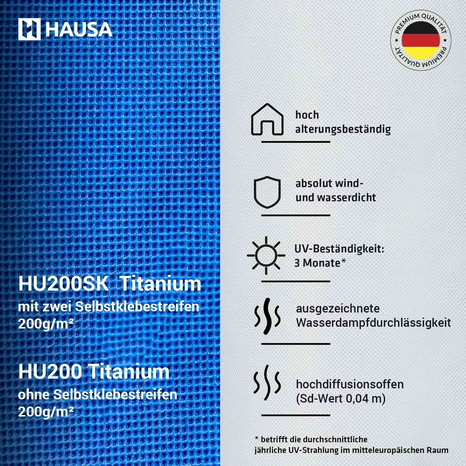 HAUSA Titanium HU200 - Membrana sottotetto, 200 g/m², 75 m² (1,5 m x 50 m), altamente permeabile, impermeabile, resistente alle intemperie e all'invecchiamento, antistrappo, senza strisce adesive
