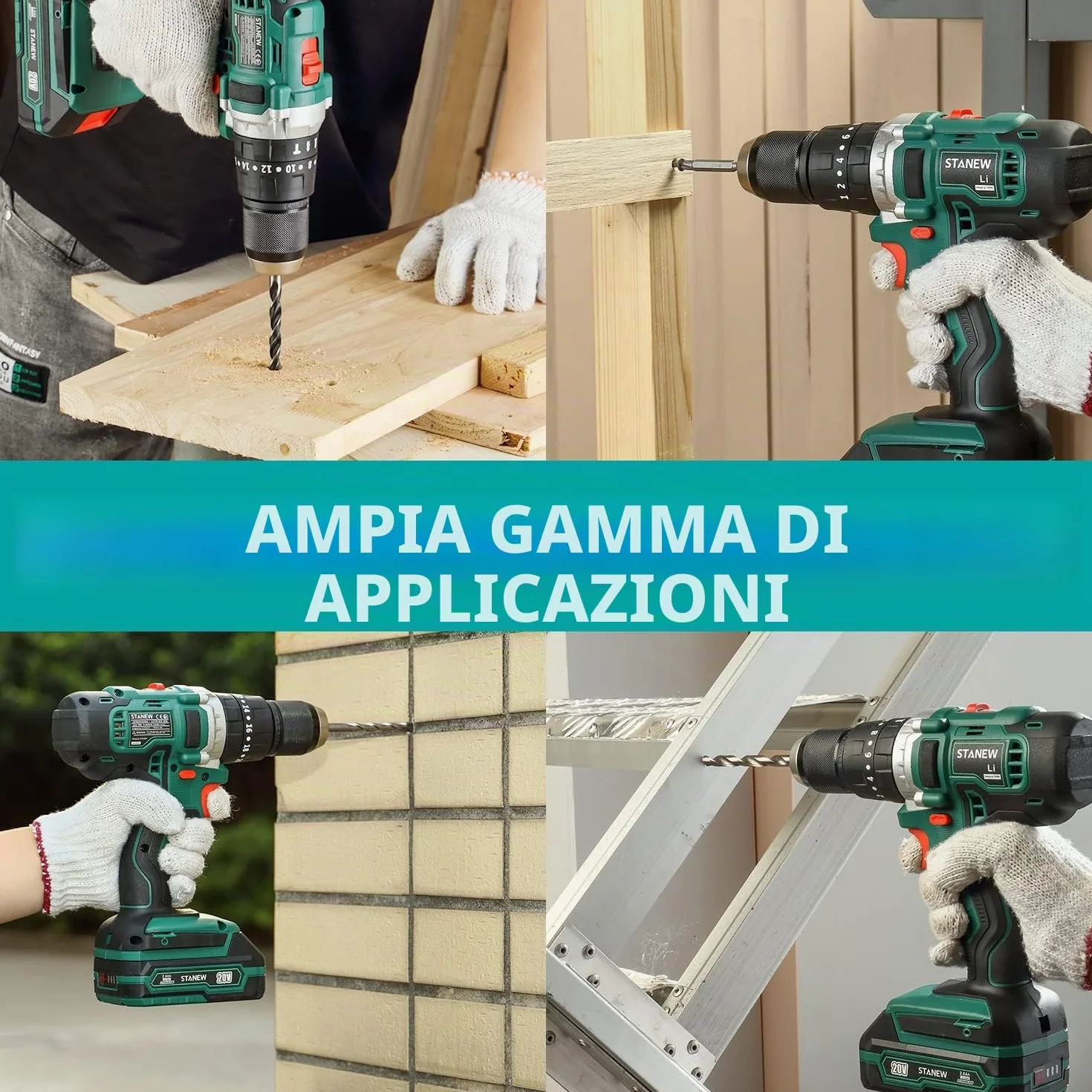 Trapani a percussione, STANEW 20V Li Trapano a Batteria,trapano a percussione 20 + 3 impostazioni,2 Batterie-1.5Ah e Valigetta,45 Nm,69 accessori+guanti professionali +valigia