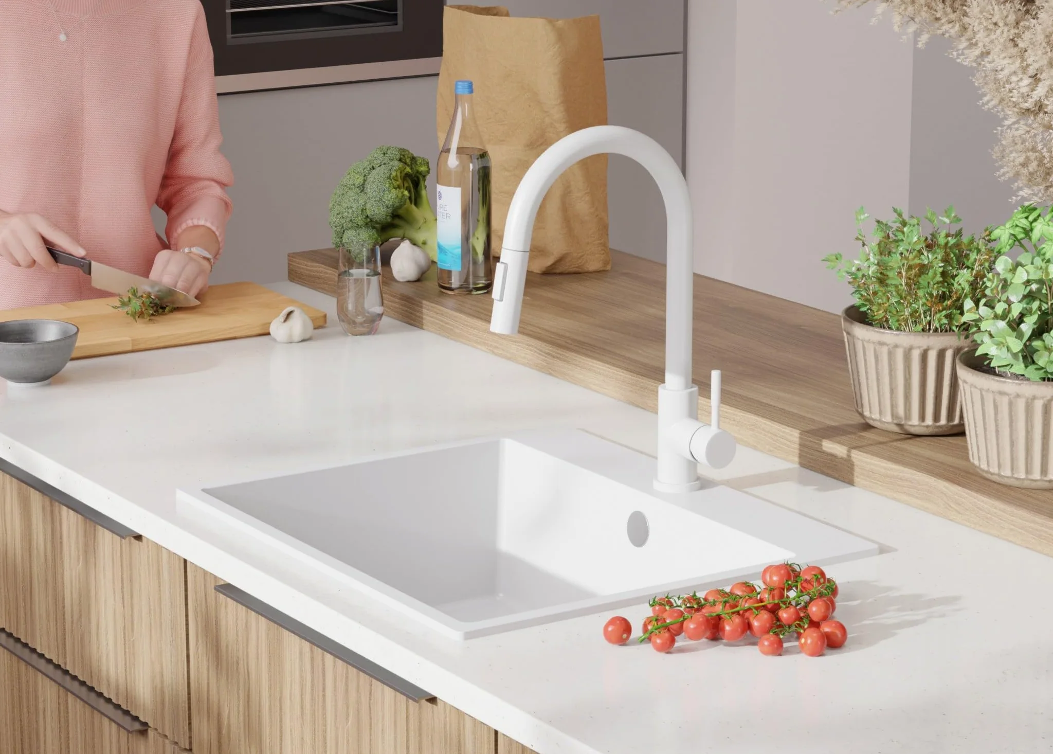 PRIMAGRAN Lavello da Cucina Tutto Bianco 58x50cm, Lavandino in Granito a 1 vasca + Sifone Classico, Lavabo da Cucina Incasso al Mobile 60cm - Riga S312