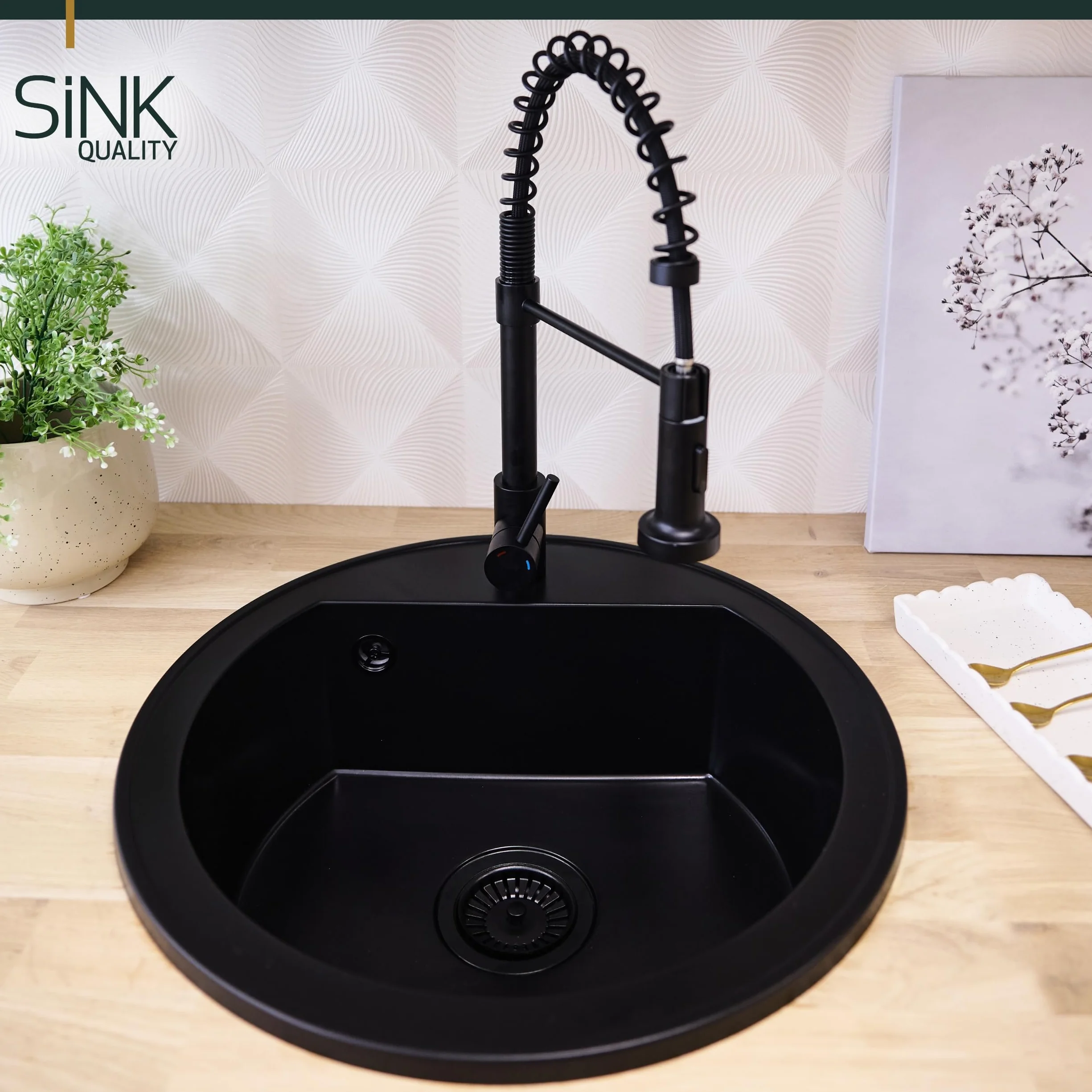 SINK QUALITY lavello rotondo con rubinetto Ø 51 cm – lavello in granito nero con rubinetto, sifone e impregnazione – lavello da cucina rotondo in granito per sottolavelli a partire da 55 cm di