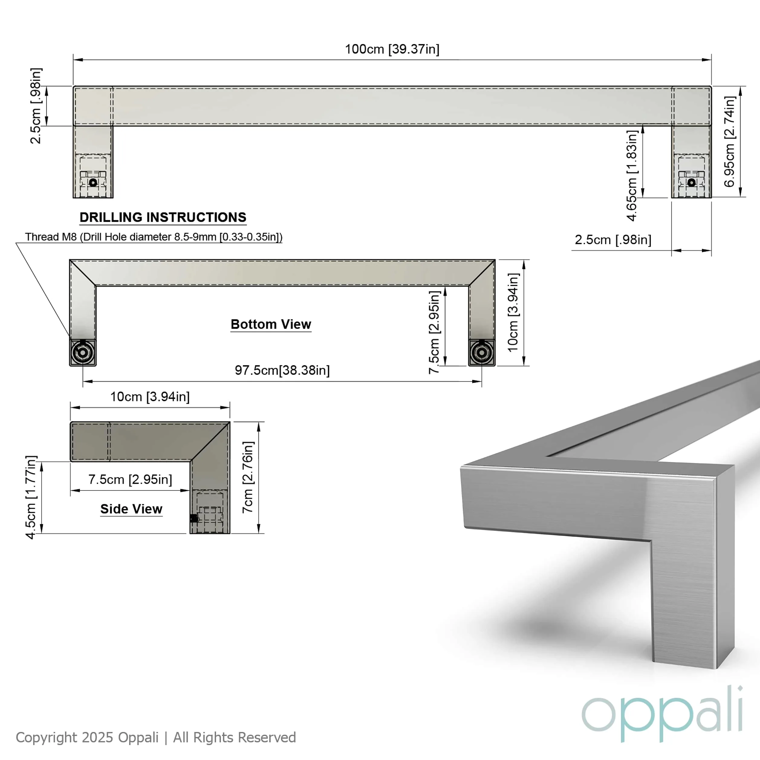 Maniglione per porta d’ingresso in acciaio inox 304 spazzolato Art.526 | Offset Pull Handle | T-Bar quadrato | 100cm Lunghezza totale