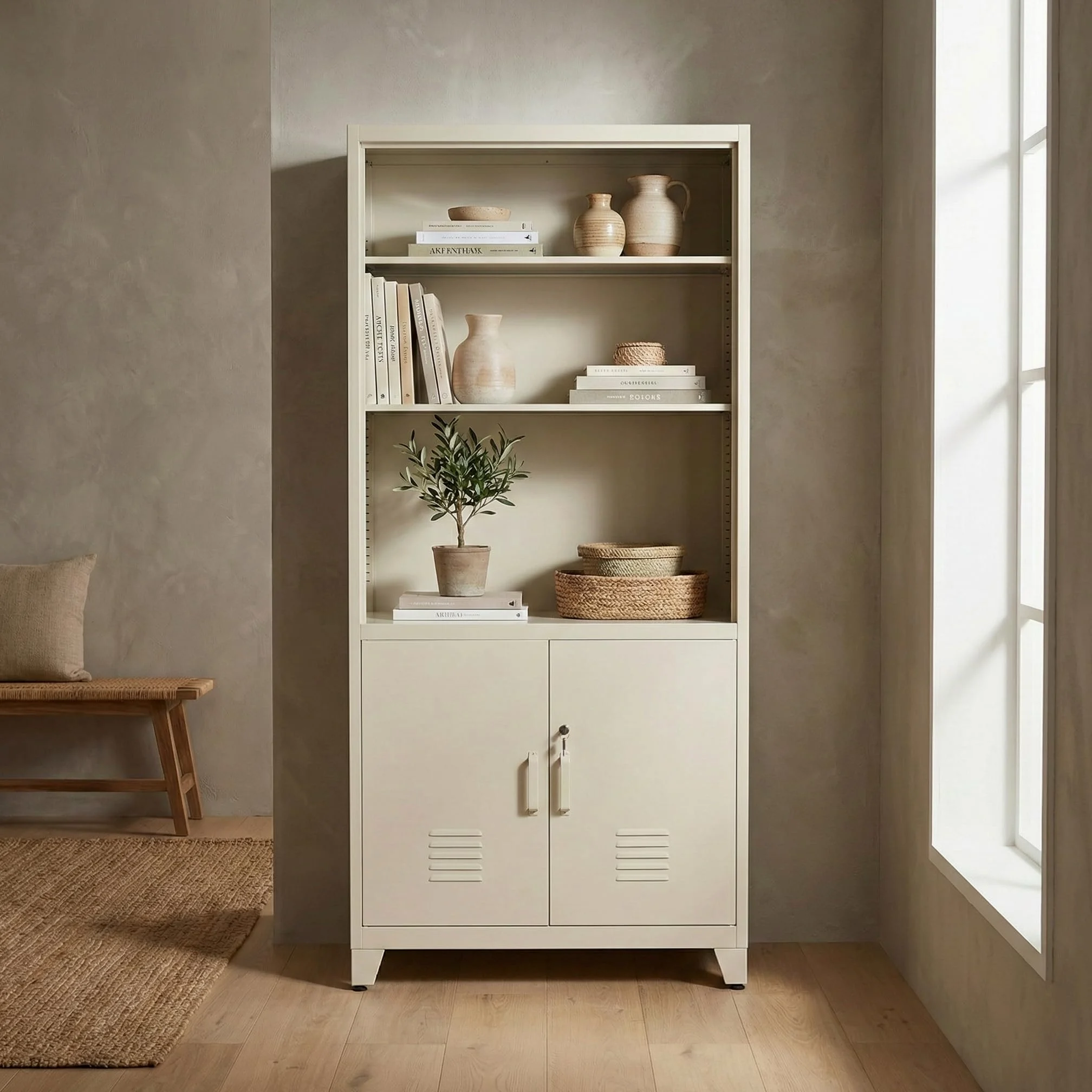 WeHome - Armadio Da Ufficio In Metallo 85x45x190 Cm Con Serratura, Mobile Ufficio Metallo Con 2 Ante E Mensole, Libreria Metallica Archivio Con 5 Ripiani Regolabili Per Ufficio O Archivio (Avorio)