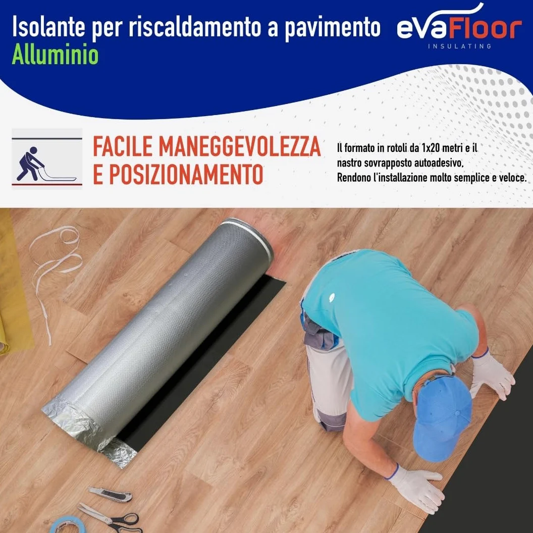 Pack 2 Sottopavimento per Laminato Radiante in Alluminio 1x20 metri | Sottopavimento Isolante | Base in EVA 2mm + Strato in Alluminio | Include Adesivo