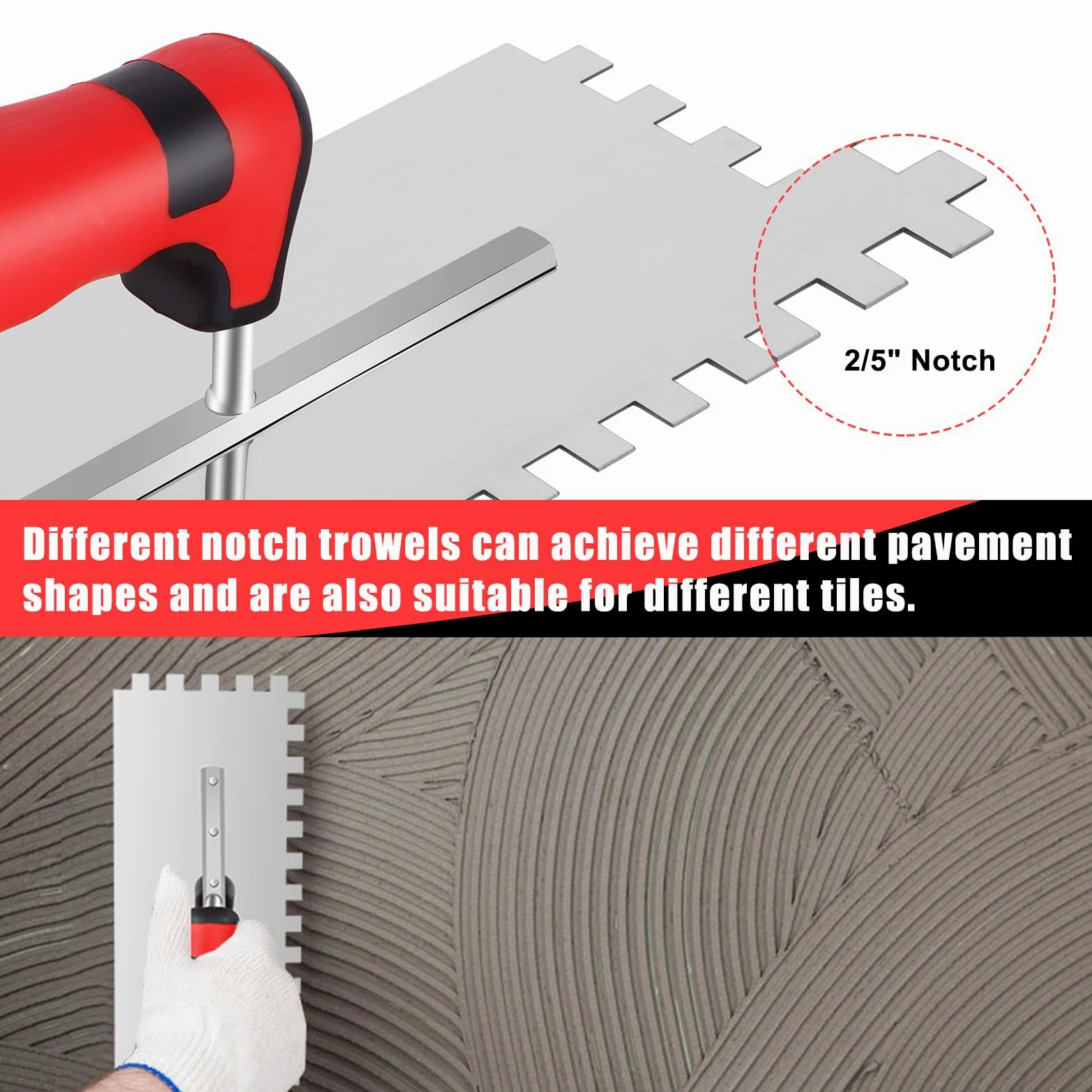 Set per Piastrelle da 4 Pezzi, Cazzuole in Ccciaio Inossidabile, Denti da 6x6 mm, 8x8 mm, 10x10 mm e Spatola per Lisciare, Impugnatura Morbida Comfort, Dimensioni Della Lama 280x107 mm