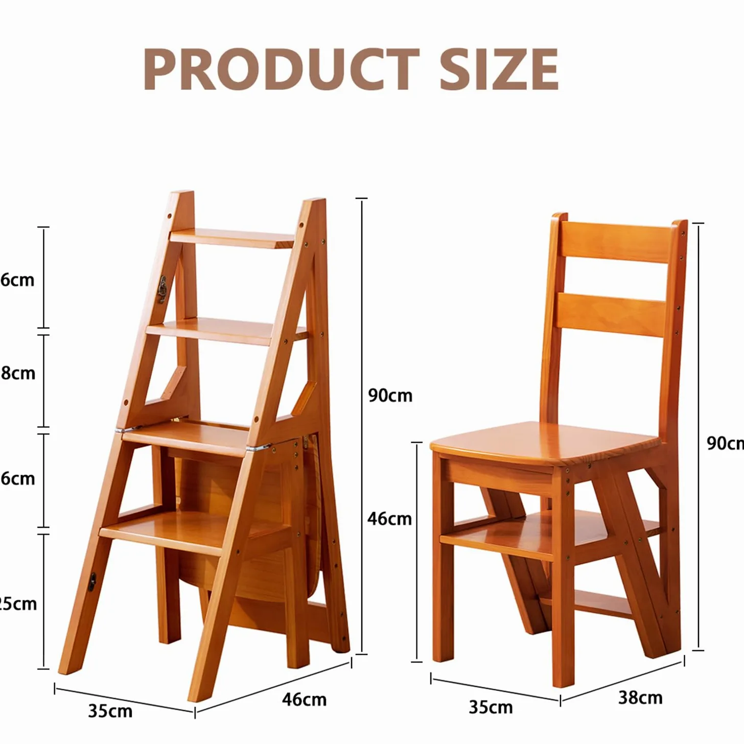 Sgabello a Scala Pieghevole 3-in-1 in Legno Massello, Sgabello Convertibile e Supporto Espositivo, Scala Multi-funzionale a 4 Ripiani, per Casa, Cucina, Biblioteca, Capacità 150kg (Marrone)