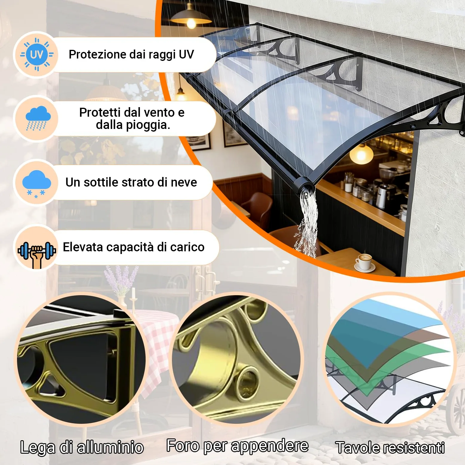 Pensilina Tettoia, Tettoia per Esterno, Pensilina da Esterno in Policarbonato, Resistente ai raggi UV/alla pioggia,Tettoia per Esterno/Porte/Balcone/Finestre 80x230cm