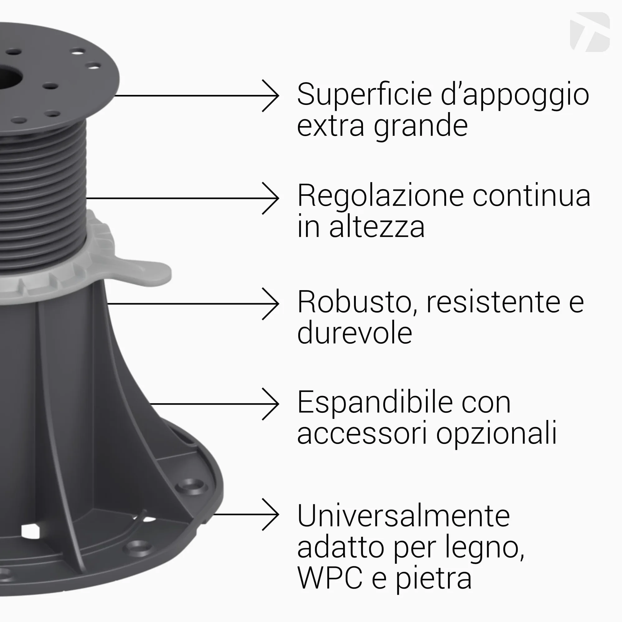 Trevendo Universal Base regolabile per lastre die pietra, assi di legno e WPC - Taglia M 30-45 mm, Confezione da 25