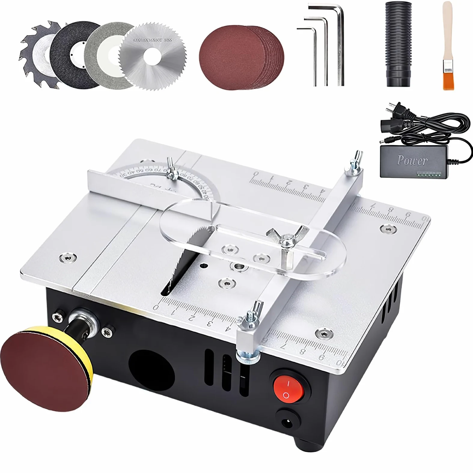 Mini sega circolare da tavolo con levigatrice a nastro, multifunzione, portatile, di precisione, fai da te, in miniatura, con 4 lame, lama per sega da 0,1 – 15 mm, legno fatto a mano, 96 W