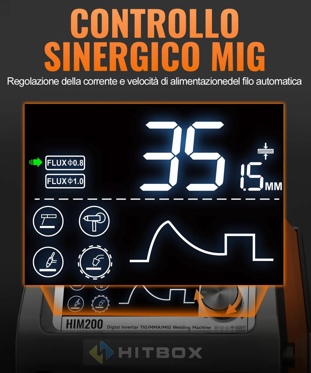 HITBOX Saldatrice a Filo 200A 4-in-1 Portatile - 230V MIG Senza Gas, ARC, LIFT TIG, Spool Gun, LED Display Digitale, Ideale per Principianti e Hobby(HIM200)