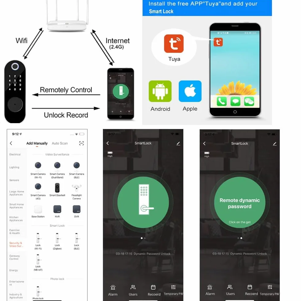 Tuya - Serratura elettronica intelligente digitale, sblocco tramite app, identificazione delle dita, codice anti-peep, telecomando, chiave RFID 5 in 1