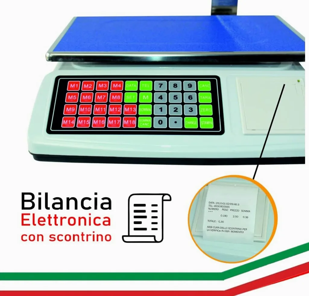 BILANCIA 50KG 5GR CON BRACCIO STAMPA SCONTRINO 6 DISPLAY 18 MEMORIE ALIMENTAZIONE A RETE E BATTERIA