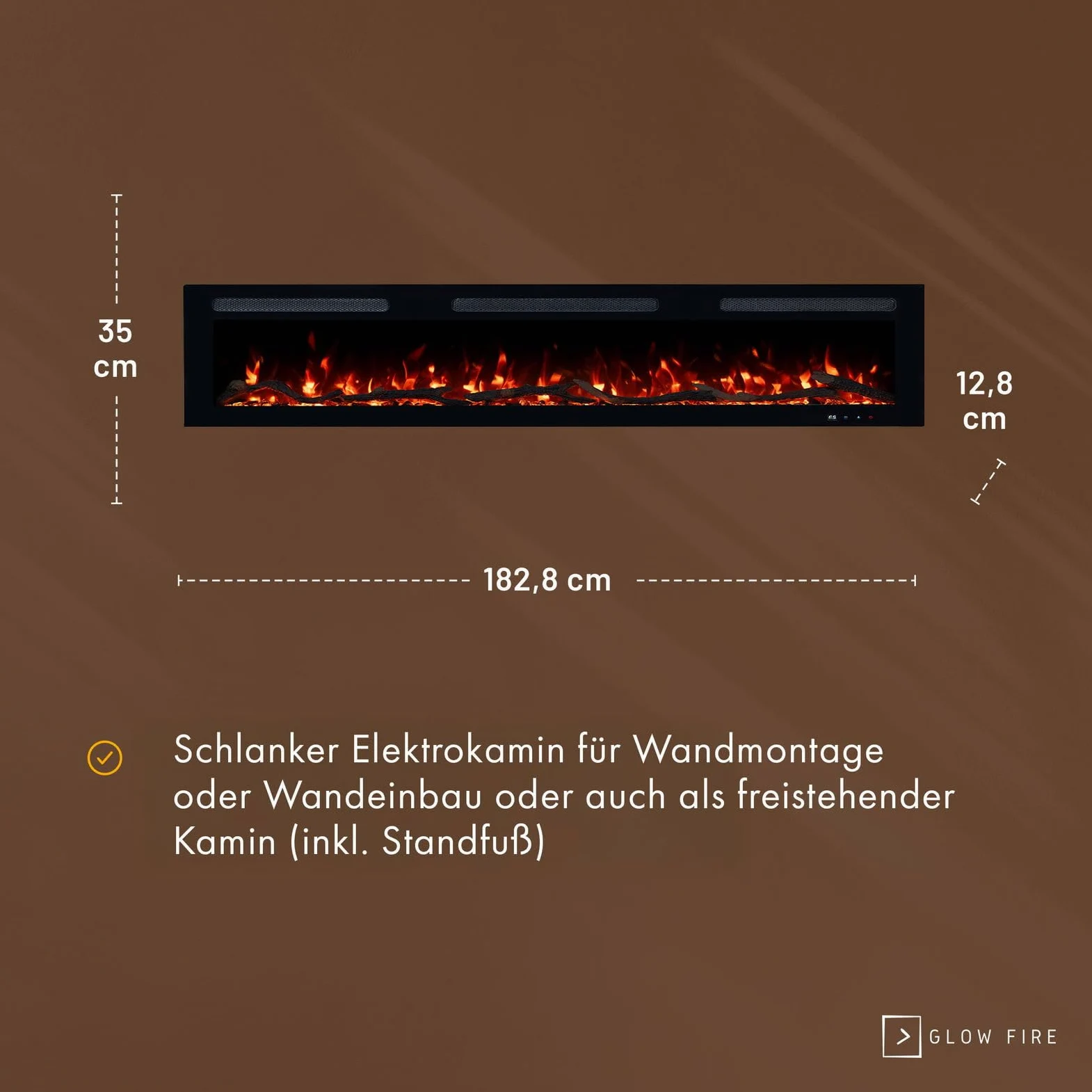 GLOW FIRE Camino elettrico Inside 182 con fuoco LED realistico 3D – Camino elettrico da parete con riscaldamento e camino, controllo app, effetto scoppiettante e timer, max. 1800 W, 182 x 35 x 12 cm