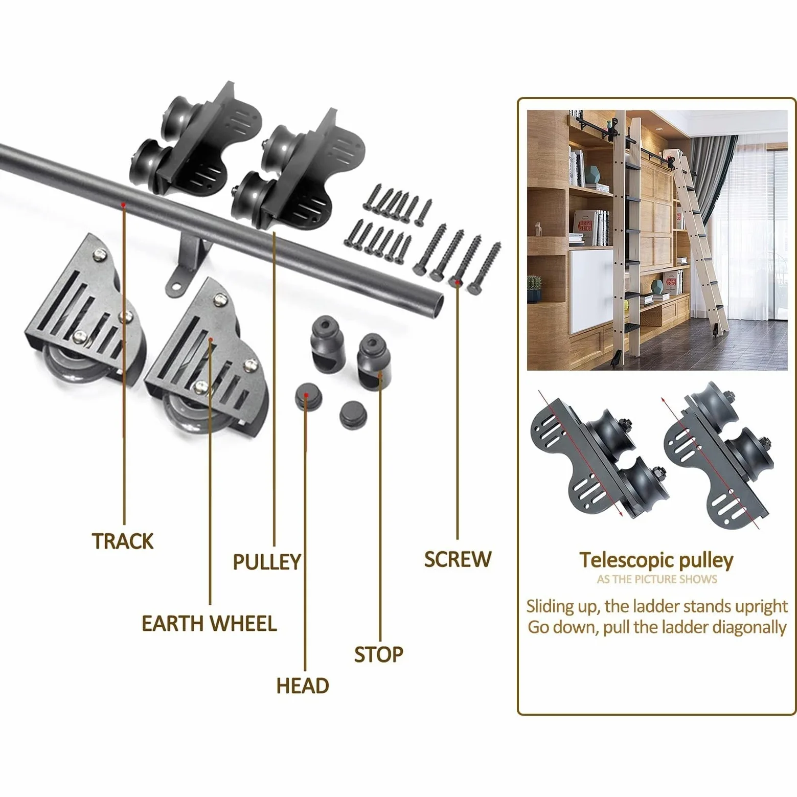 Kit Hardware per Scala Scorrevole, libreria Hardware per Scala Mobile Retrattile Binario di Scorrimento per Scala Mobile con Rullo da Pavimento in Acciaio Resistente