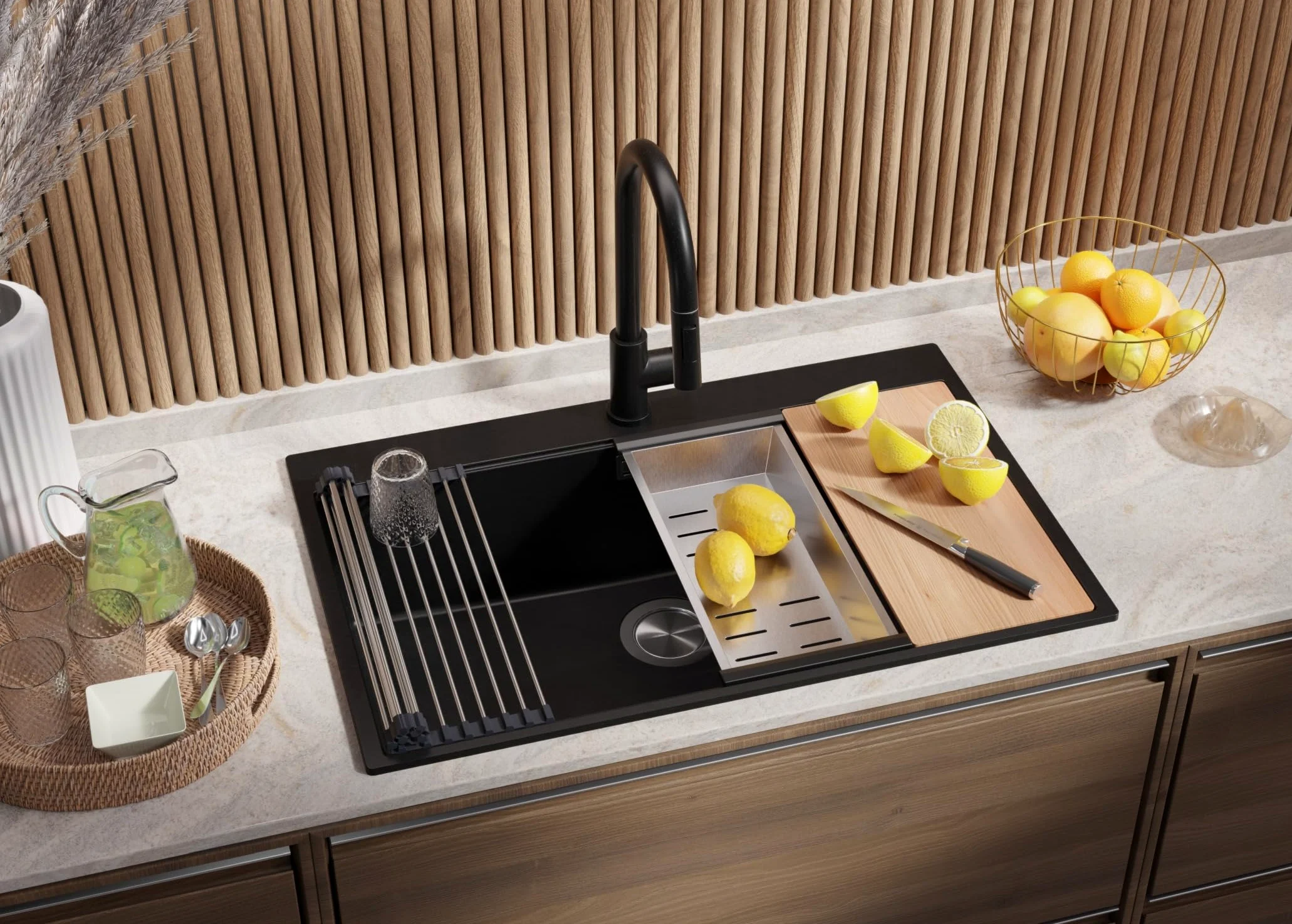 PRIMAGRAN Lavello da Cucina Nero 78x50cm, Lavandino in Granito a 1 vasca + Set di accessori, Lavabo da Cucina Incasso al Mobile 80cm - Oslo Top S557