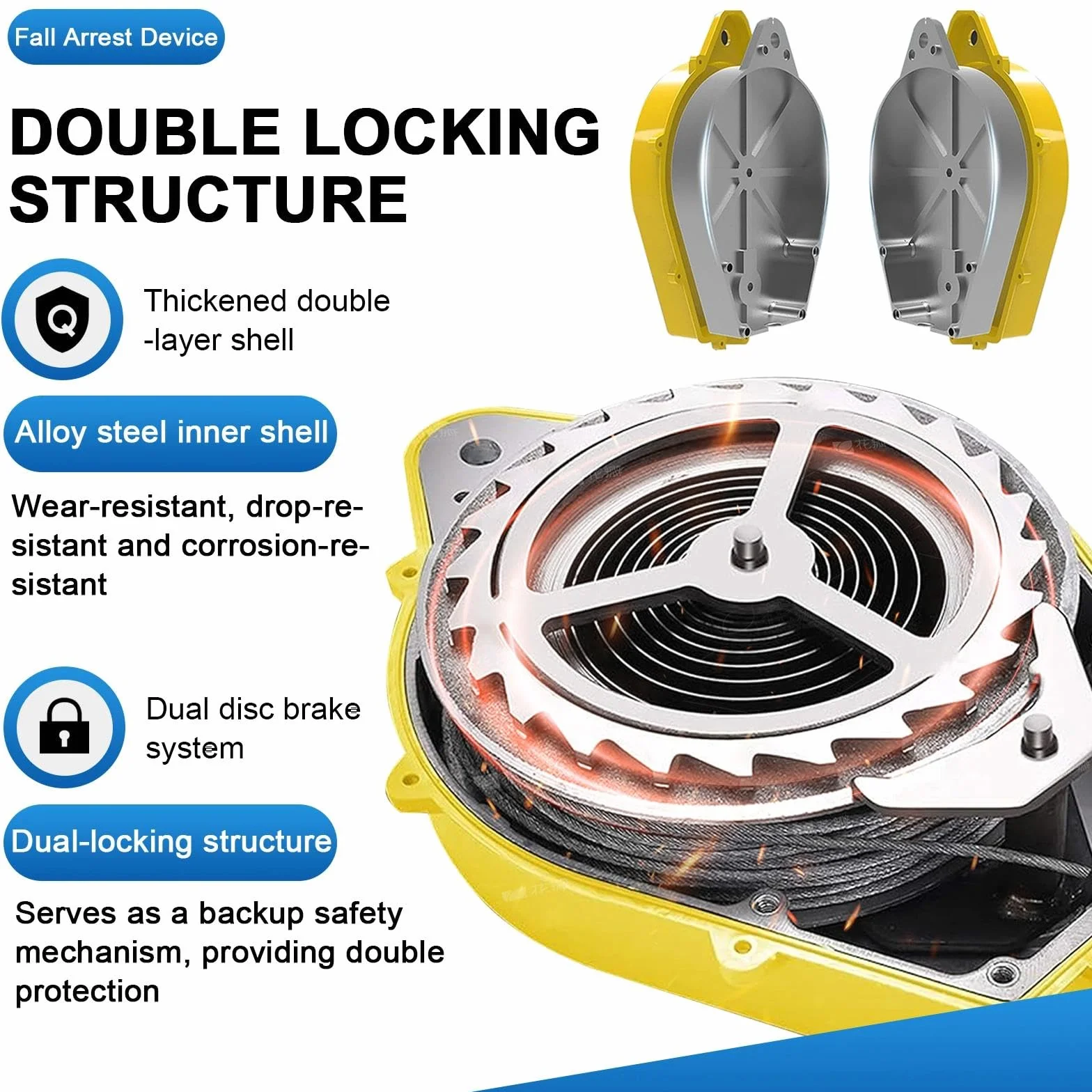 Dispositivo Anticaduta Retrattile Certificato CE, Dispositivo di Sicurezza Anticaduta con Gancio Girevole a 360°, Anticaduta a Richiamo Automatico per Lavori ad Alta Quota, 150kg(Giallo,20m)