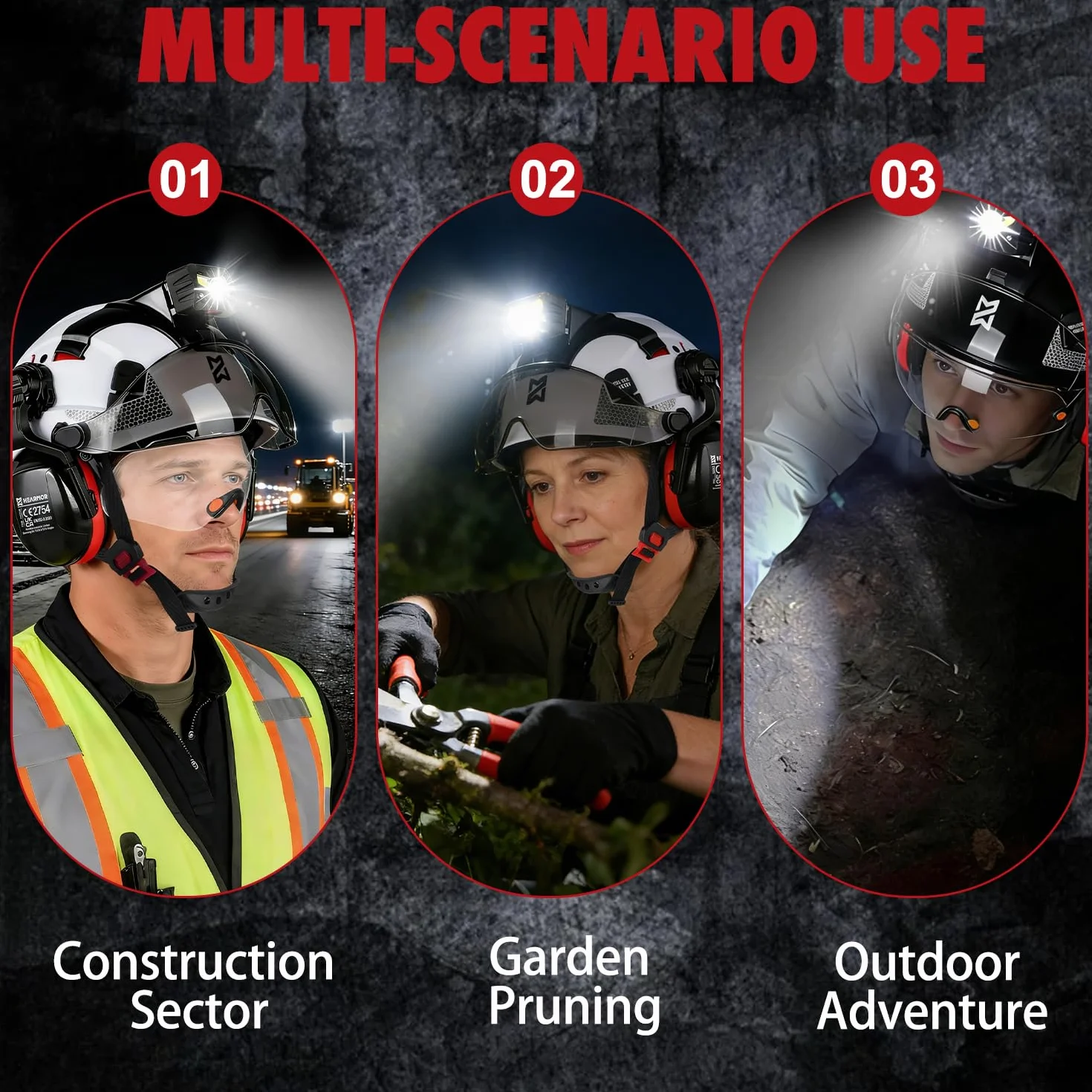 HEARMOR Voltek Casco di protezione industriale certificato CE EN397 con lampada a LED + visiera e protezione dell'udito | per lavori forestali, lavori di costruzione e arrampicata | Casco da lavoro di