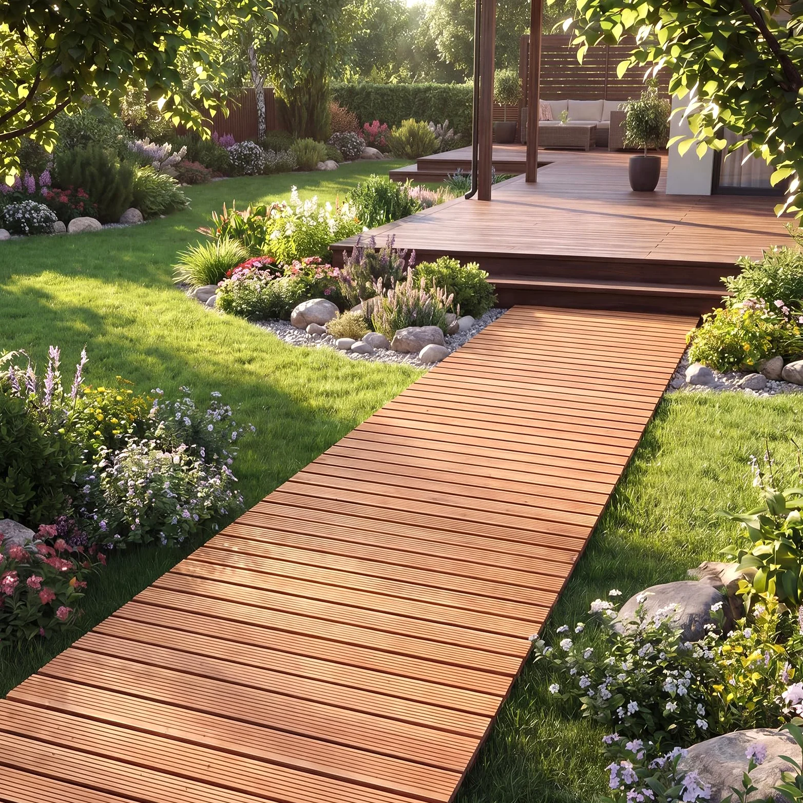 COSTWAY Sentiero da Giardino in Legno, Passerella Decorativa da Esterno, Superficie Antiscivolo, Collegamento con Fili Metallici, Sentiero Arrotolabile per Cortile e Spiaggia, 367 x 55 cm (Naturale)