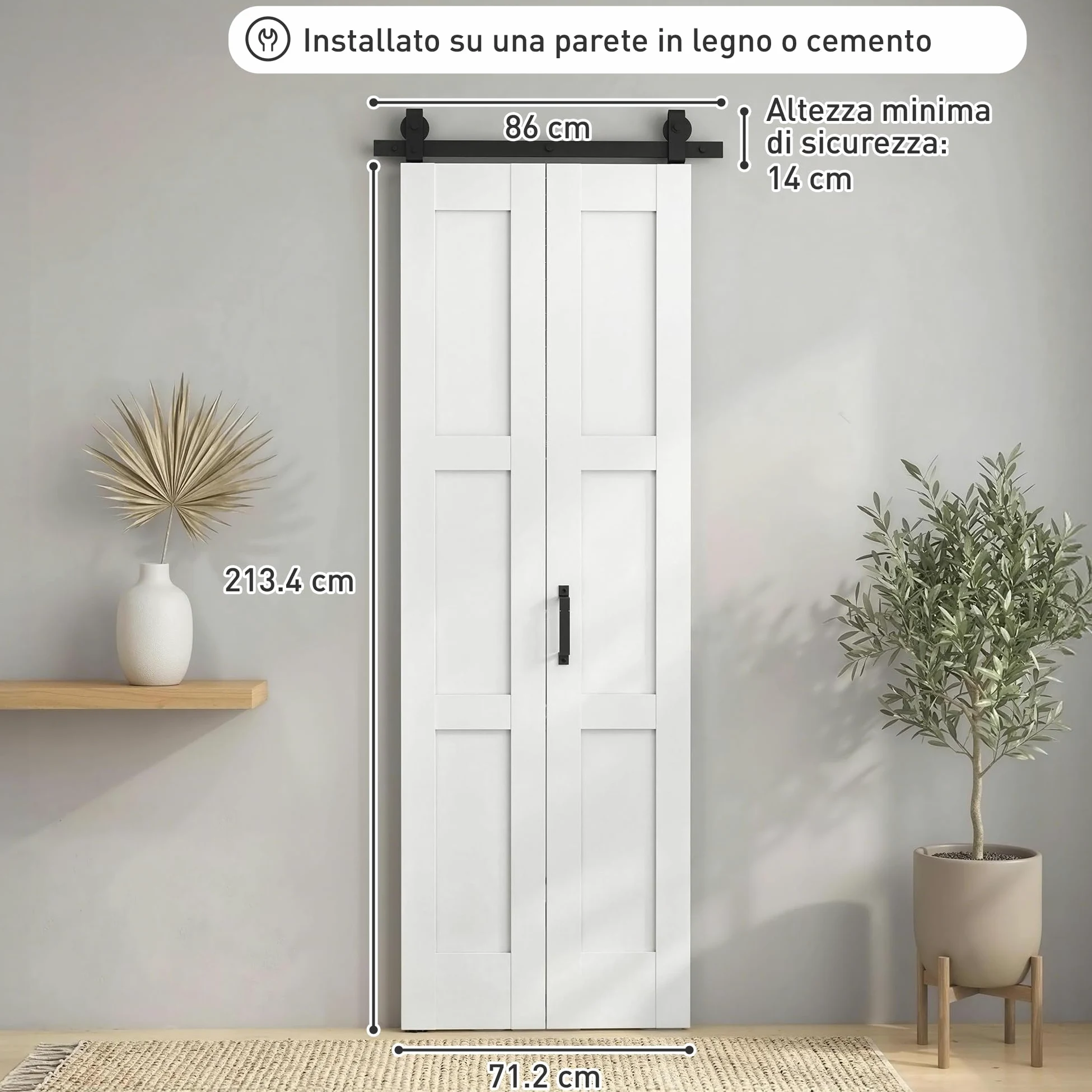 HOMCOM Porta Scorrevole Bi-fold Muro 71.2x213.4cm, Binario Silenzioso Acciaio, Maniglia, Guida, Ruote, Porta da Interno Stile Rustica, in MDF e Legno Pino, Impermeabile, per Cucina, Bagno