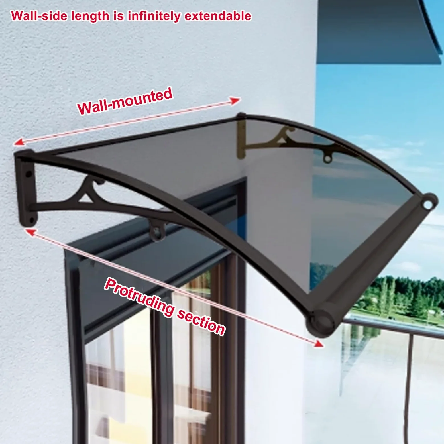 Pensilina Tettoia per Porta e Ingresso in Alluminio,Tende da Sole Marrone,Tendone in Policarbonato Curvo,Garden Pensilina da Esterno,Resistente ai Raggi UV Antipioggia (50x280cm)