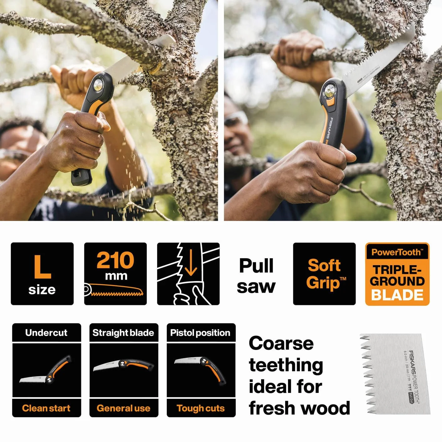 Fiskars Seghetto a Serramanico Plus, Per Rami e Tronchi Spessi, 3 Posizioni di Taglio, Lama Affilata Power Tooth, Denti Grossi, Lunghezza della Lama: 21 cm, Nero/Arancione, SW69, 1067553