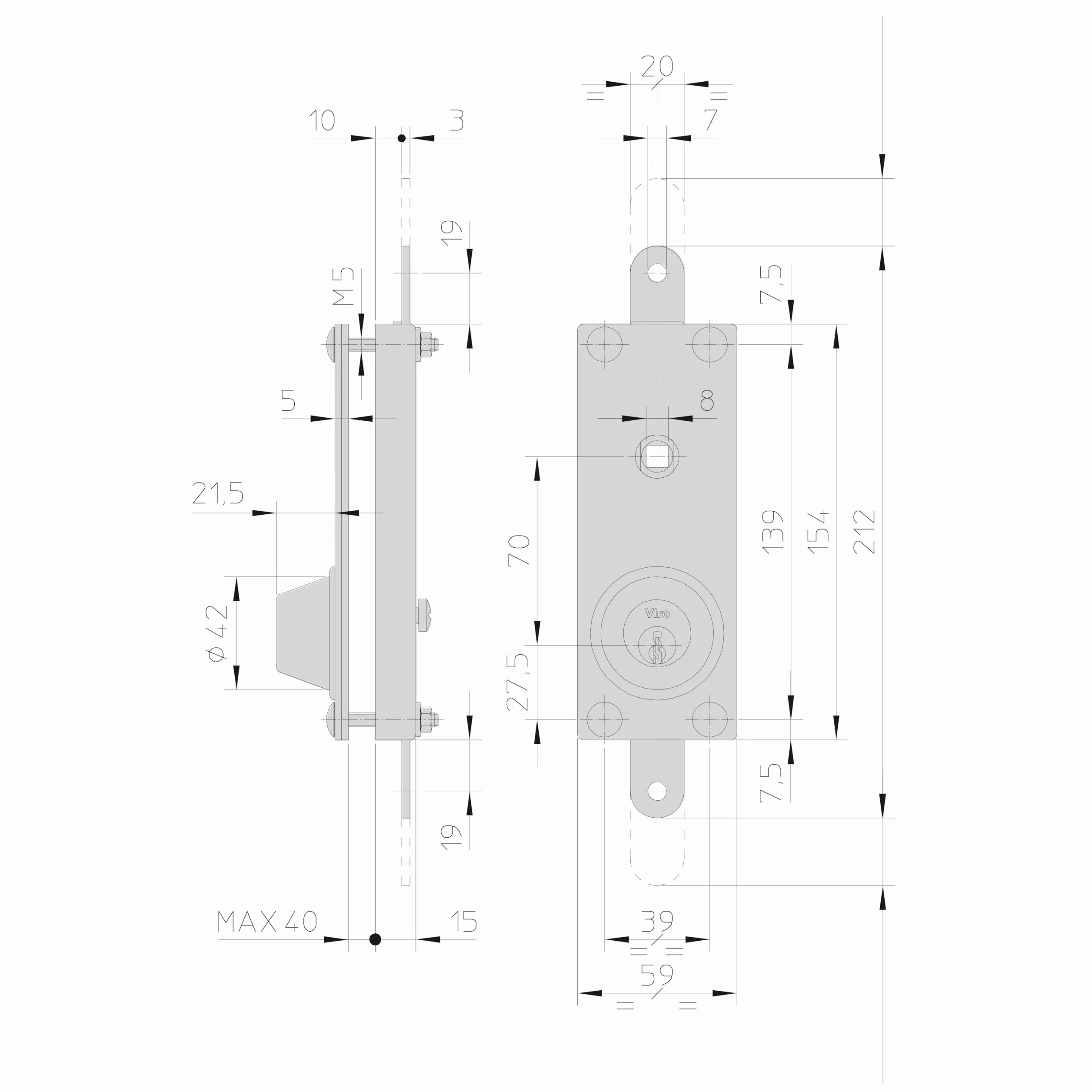 Viro | Serrature per Porte Basculanti e Serrande, Corazzata, con Coppia di Maniglie, Interasse 70 mm