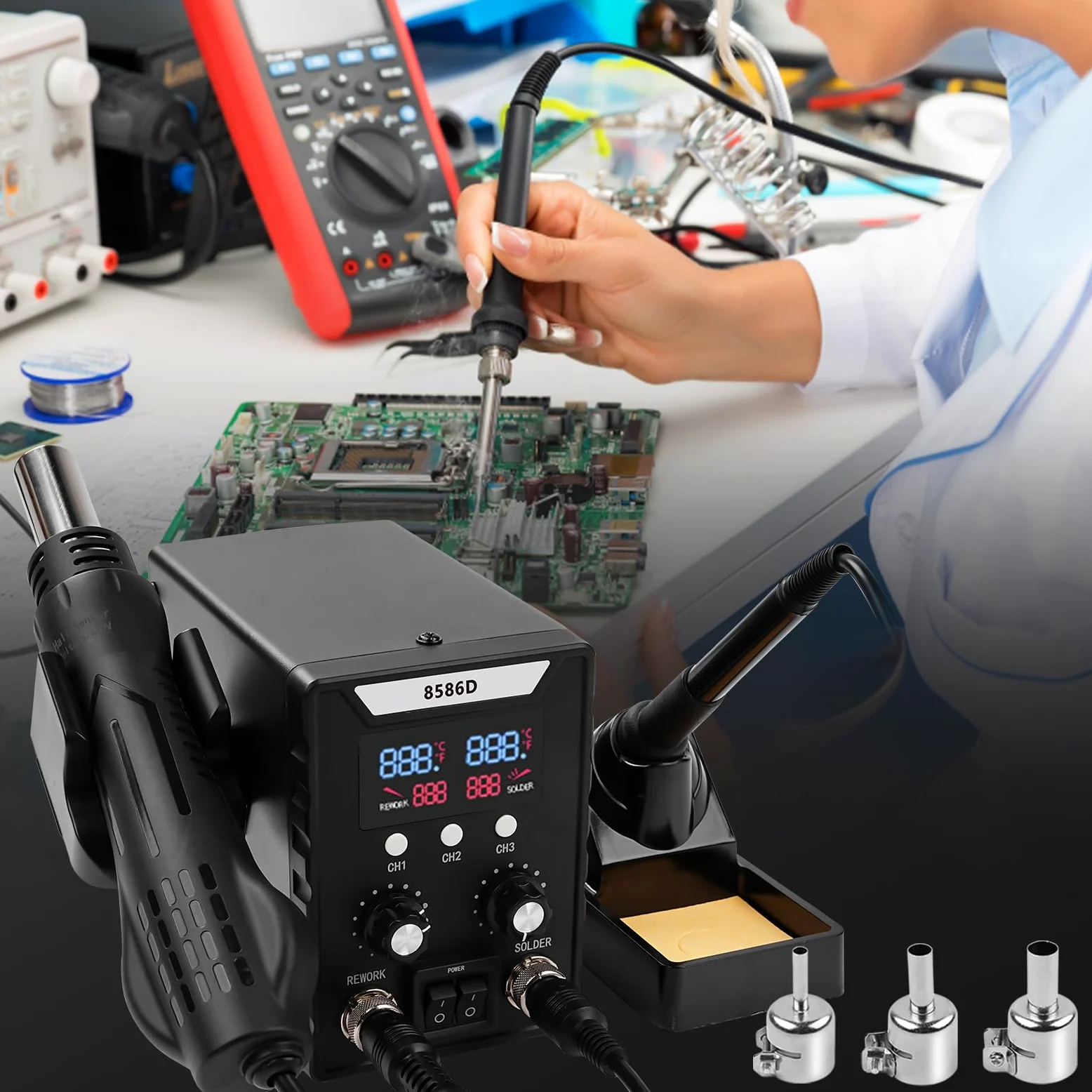 8586D Stazione Saldante, 2 In 1 da 760W Set Stazione di Saldatura, per saldatura e dissaldante SMD con schermo LCD, temperatura regolabile 180 ℃-500 ℃ con 3 ugelli aria per Riparazioni di Elettronica