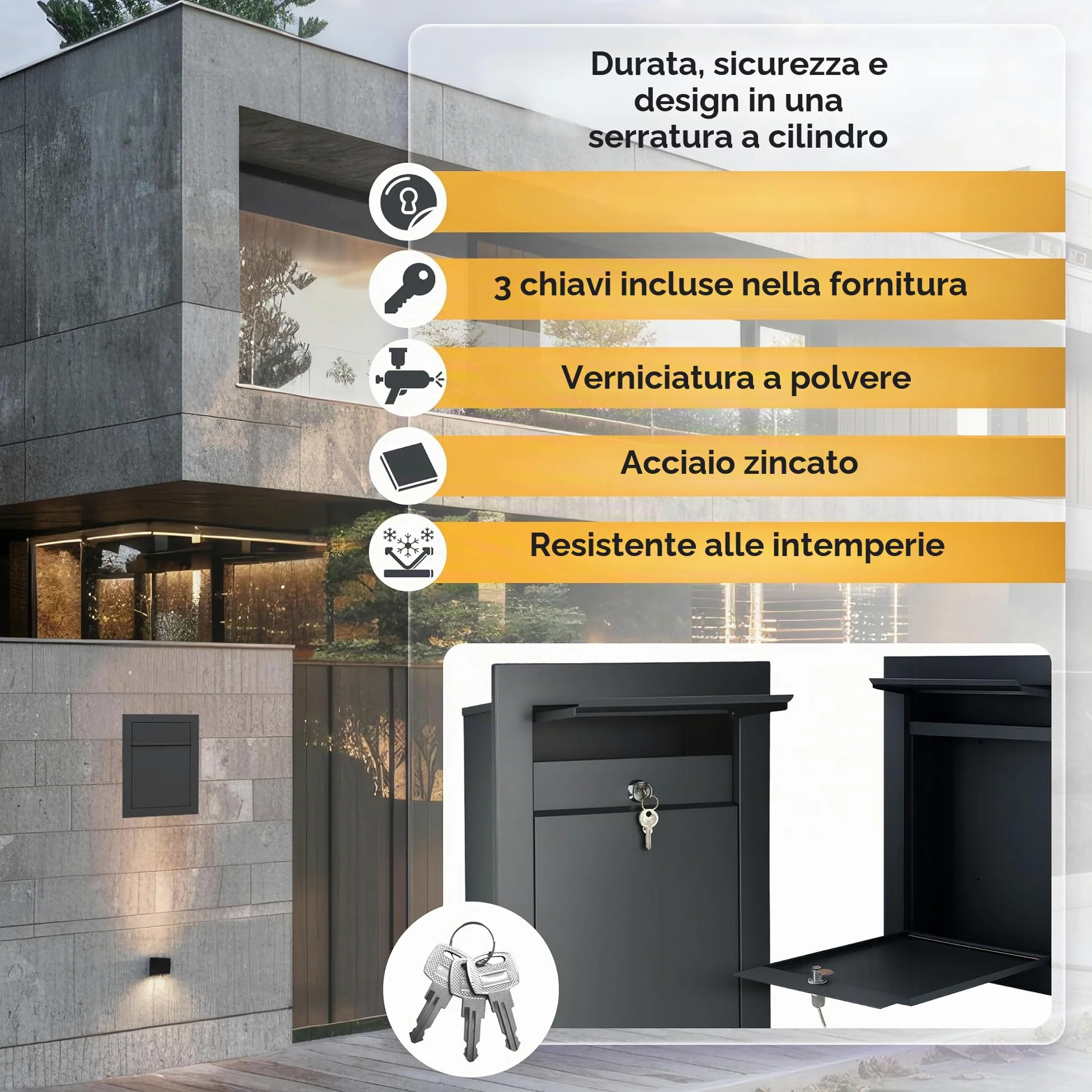 Cassetta della posta da incasso RAL7016 Antracite, in acciaio galvanizzato verniciato a polvere, installazione a filo muro, resistente agli agenti atmosferici, montaggio a parete con